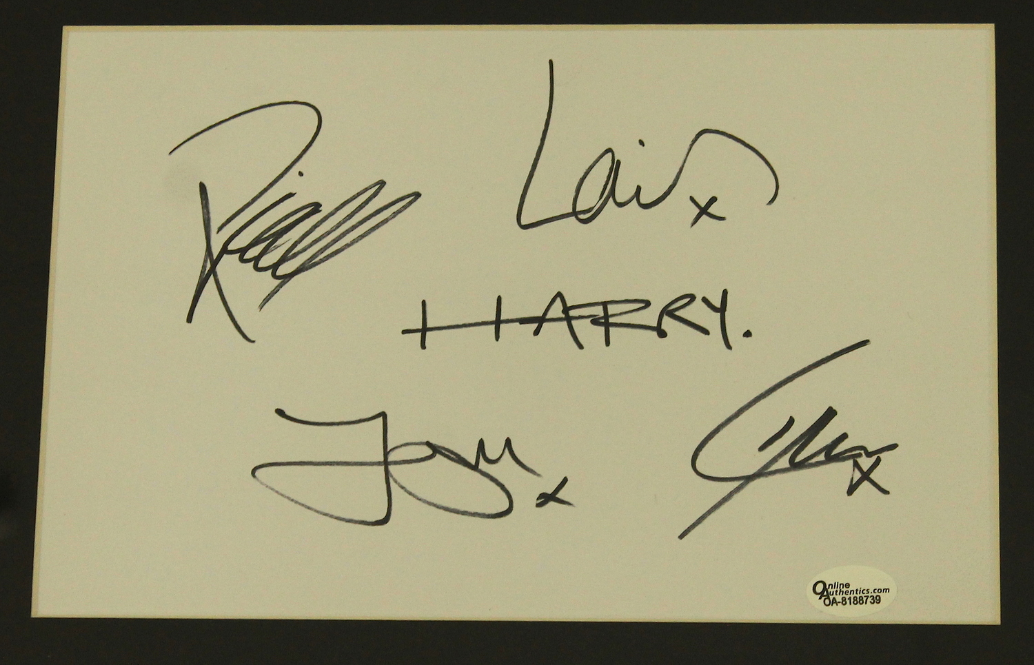 Louis Tomlinson, Harry Styles, Liam Payne, Zayn Malik & Niall Horan Signed "One Direction" 23x23 Custom Framed Display (Online Authentics COA) at PristineAuction.com Louis Tomlinson, Harry Styles, Liam Payne, Zayn Malik & Niall Horan Signed "One Direction" 23x23 Custom Framed Display (Online Authentics COA) at PristineAuction.com
