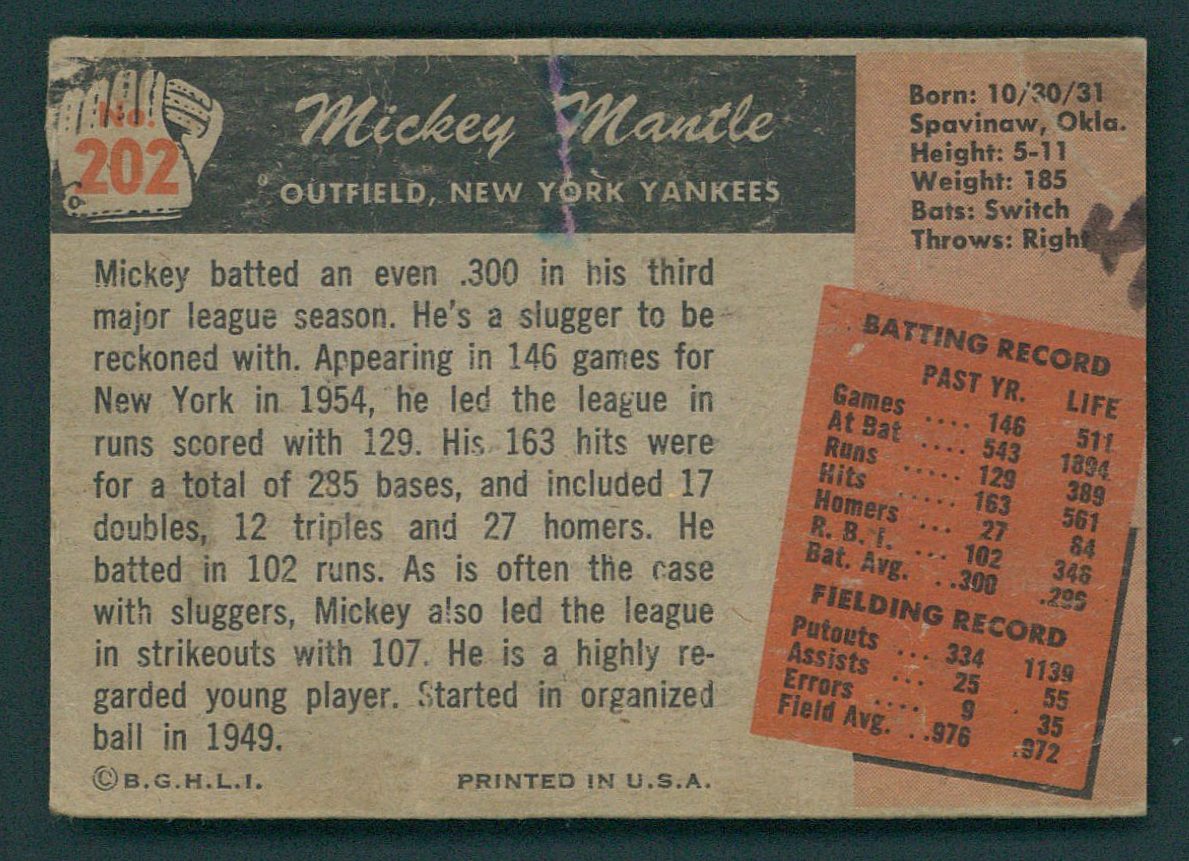 1955 Bowman #202 Mickey Mantle at PristineAuction.com 1955 Bowman #202 Mickey Mantle at PristineAuction.com