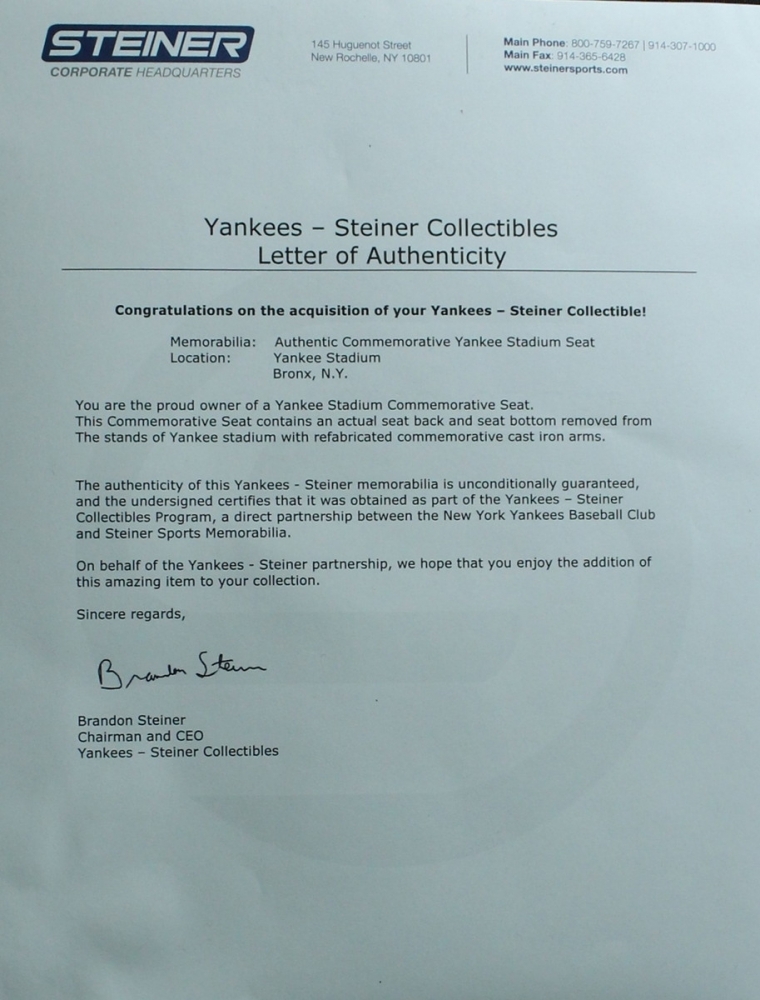 Original Yankee Stadium Authentic Seat (Steiner LOA & MLB Hologram) at PristineAuction.com Original Yankee Stadium Authentic Seat (Steiner LOA & MLB Hologram) at PristineAuction.com