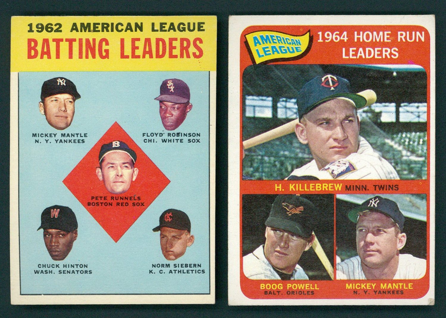 Lot of (2) Baseball Cards with 1963 Topps #2 AL Batting Leaders & 1965 Topps #3 AL Home Run Leaders Including Mickey Mantle, Harmon Killebrew, Boog Powell at PristineAuction.com Lot of (2) Baseball Cards with 1963 Topps #2 AL Batting Leaders & 1965 Topps #3 AL Home Run Leaders Including Mickey Mantle, Harmon Killebrew, Boog Powell at PristineAuction.com