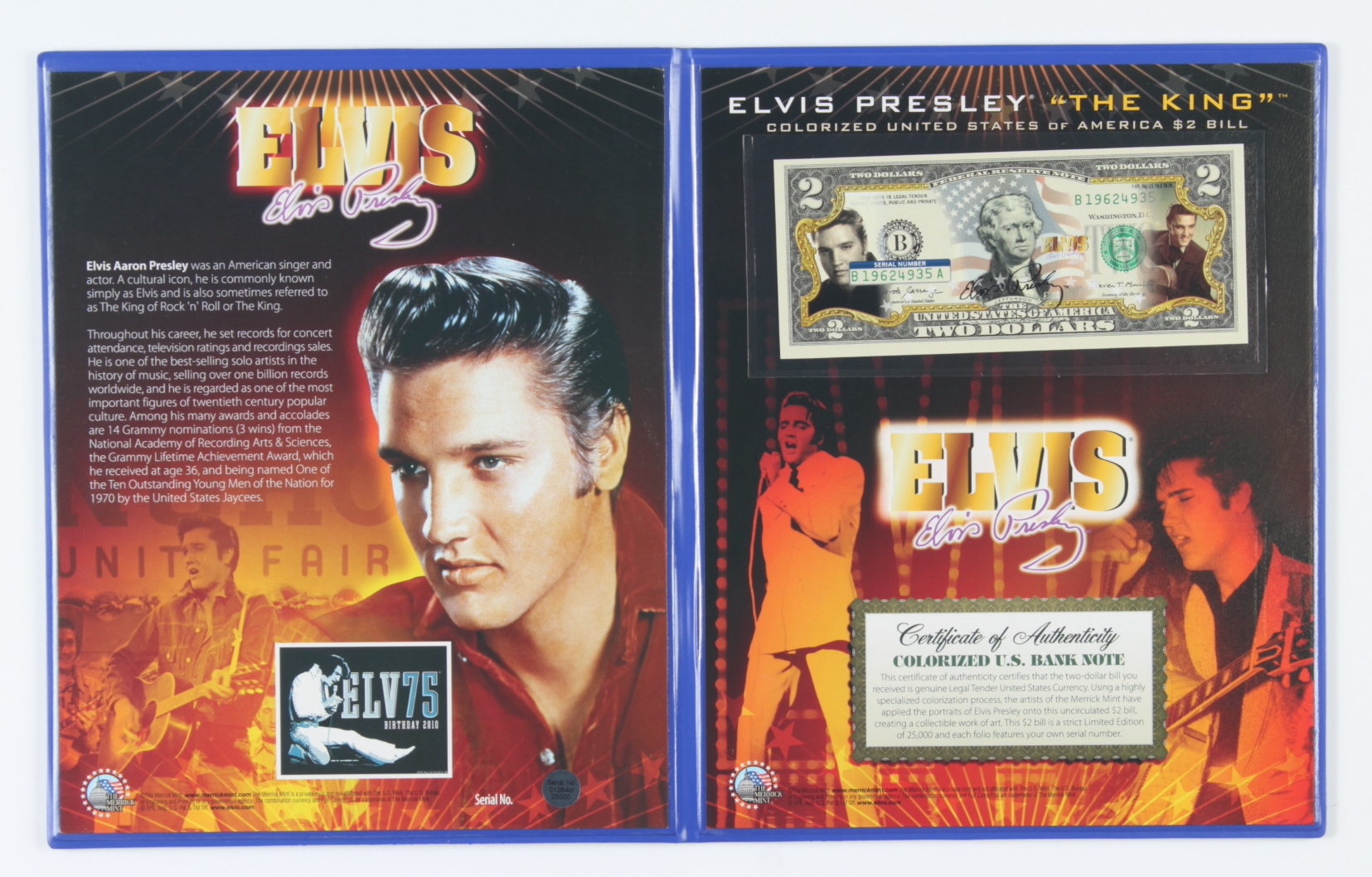 Elvis Presley Genuine Legal Tender U.S. $2 Two Dollar Bill Commemorative Bank Note with Display Folder at PristineAuction.com Elvis Presley Genuine Legal Tender U.S. $2 Two Dollar Bill Commemorative Bank Note with Display Folder at PristineAuction.com