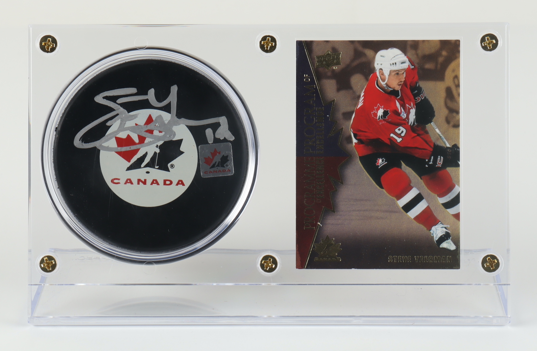 Steve Yzerman Signed Team Canada 5x8 Custom Hockey Puck Display with 2021-22 Upper Deck Tim Hortons Team Canada Program of Excellence Heroes #POE7 (Yzerman) at PristineAuction.com Steve Yzerman Signed Team Canada 5x8 Custom Hockey Puck Display with 2021-22 Upper Deck Tim Hortons Team Canada Program of Excellence Heroes #POE7 (Yzerman) at PristineAuction.com