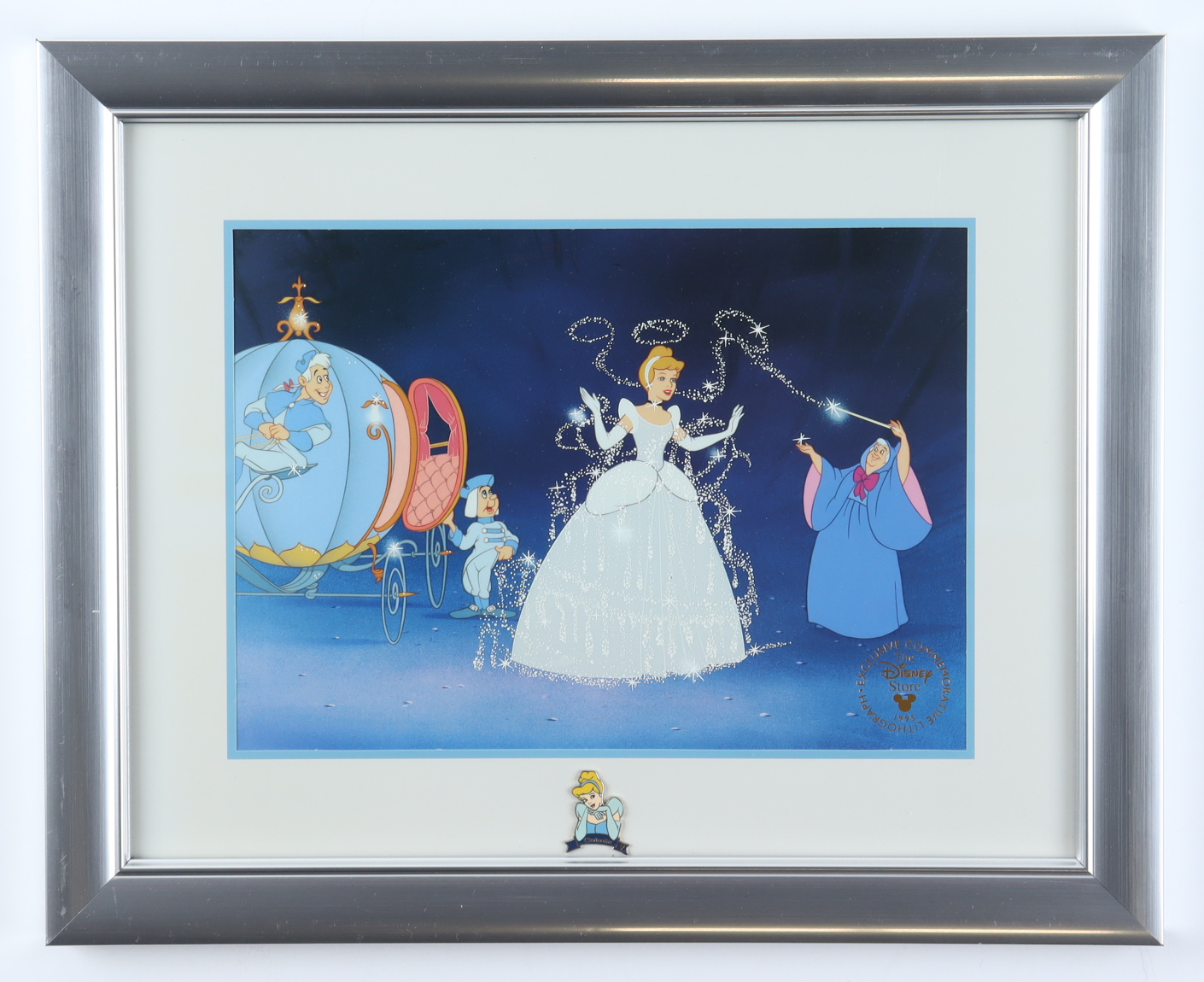 Walt Disney's "Cinderella" 13x16 Custom Framed Lithograph Display With Cinderella Pin at PristineAuction.com Walt Disney's "Cinderella" 13x16 Custom Framed Lithograph Display With Cinderella Pin at PristineAuction.com