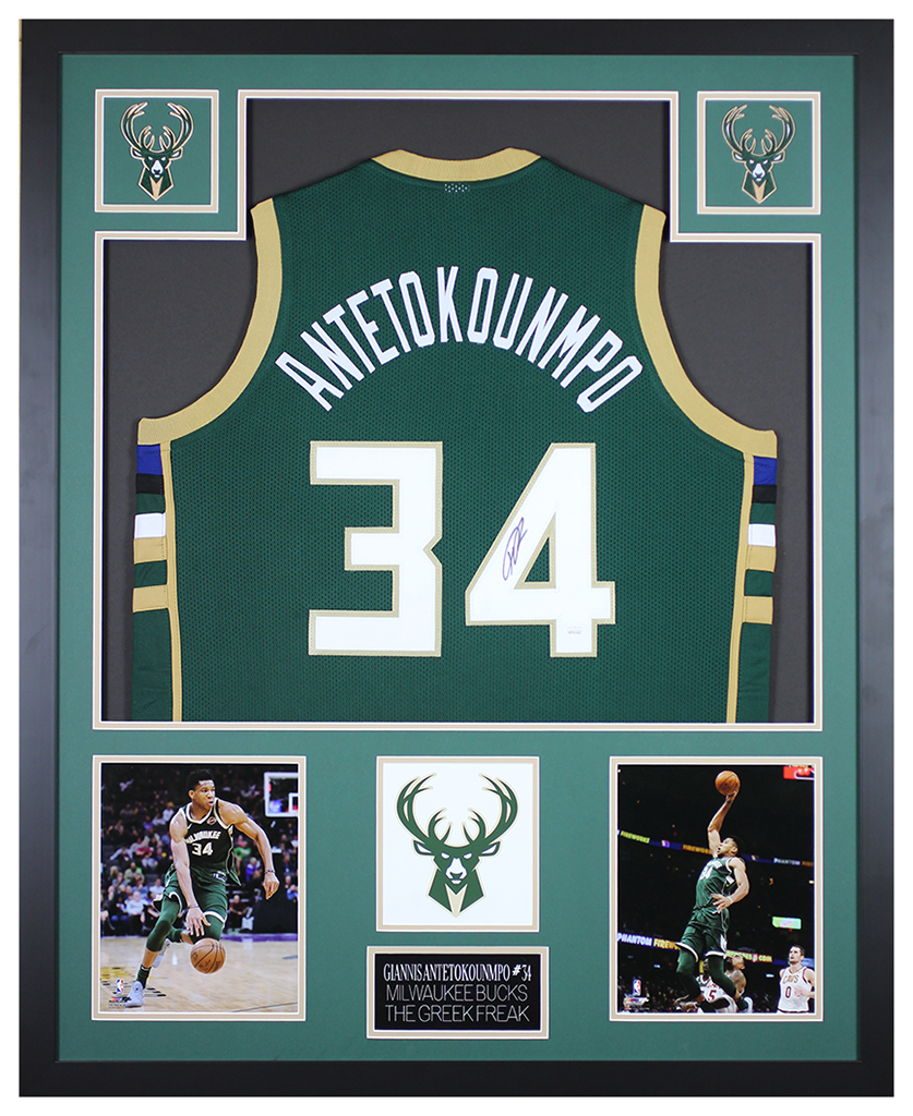 Giannis Antetokounmpo Signed 35x43 Custom Framed Jersey Display (JSA) at PristineAuction.com Giannis Antetokounmpo Signed 35x43 Custom Framed Jersey Display (JSA) at PristineAuction.com
