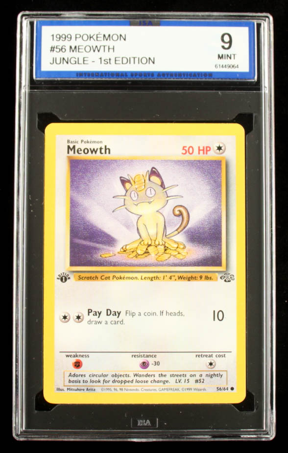 Meowth 1999 Pokemon Jungle 1st Edition #56 (ISA 9) at PristineAuction.com Meowth 1999 Pokemon Jungle 1st Edition #56 (ISA 9) at PristineAuction.com