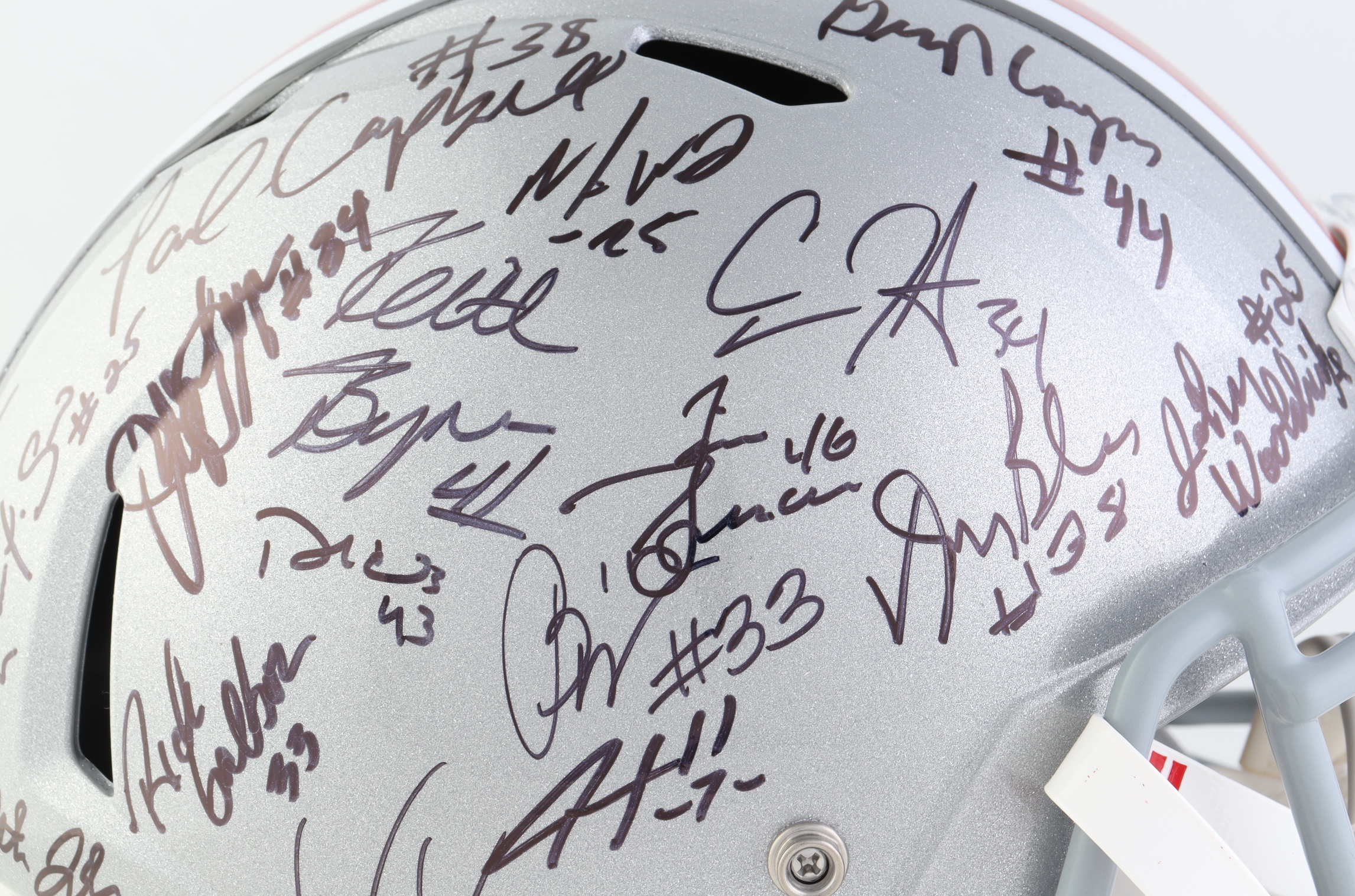 Ohio State Buckeyes Full-Size Speed Helmet Signed by (23) with Tim Spencer, Jeff Logan, Derek Combs, Pete Johnson, Michael Wiley (JSA) at PristineAuction.com Ohio State Buckeyes Full-Size Speed Helmet Signed by (23) with Tim Spencer, Jeff Logan, Derek Combs, Pete Johnson, Michael Wiley (JSA) at PristineAuction.com