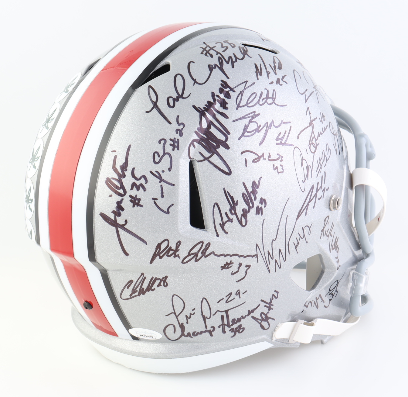Ohio State Buckeyes Full-Size Speed Helmet Signed by (23) with Tim Spencer, Jeff Logan, Derek Combs, Pete Johnson, Michael Wiley (JSA) at PristineAuction.com Ohio State Buckeyes Full-Size Speed Helmet Signed by (23) with Tim Spencer, Jeff Logan, Derek Combs, Pete Johnson, Michael Wiley (JSA) at PristineAuction.com