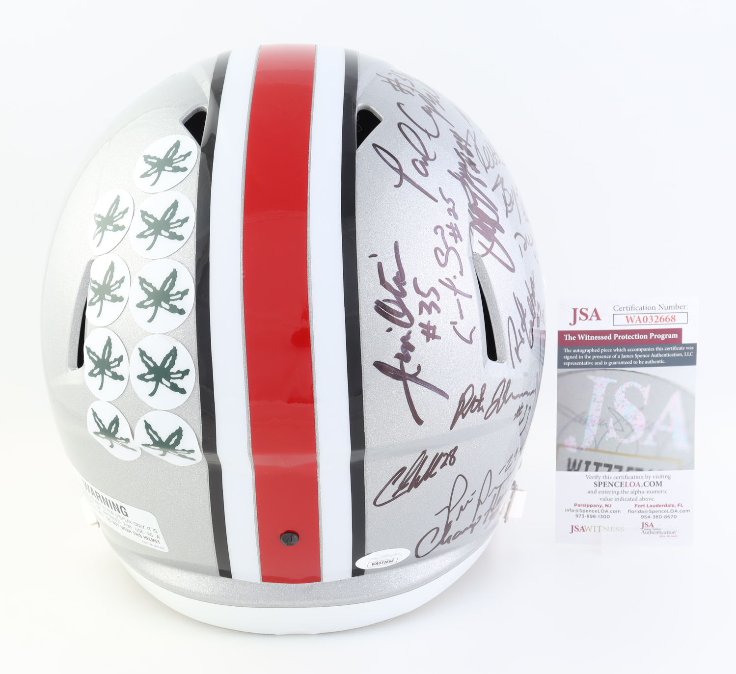 Ohio State Buckeyes Full-Size Speed Helmet Signed by (23) with Tim Spencer, Jeff Logan, Derek Combs, Pete Johnson, Michael Wiley (JSA) at PristineAuction.com Ohio State Buckeyes Full-Size Speed Helmet Signed by (23) with Tim Spencer, Jeff Logan, Derek Combs, Pete Johnson, Michael Wiley (JSA) at PristineAuction.com