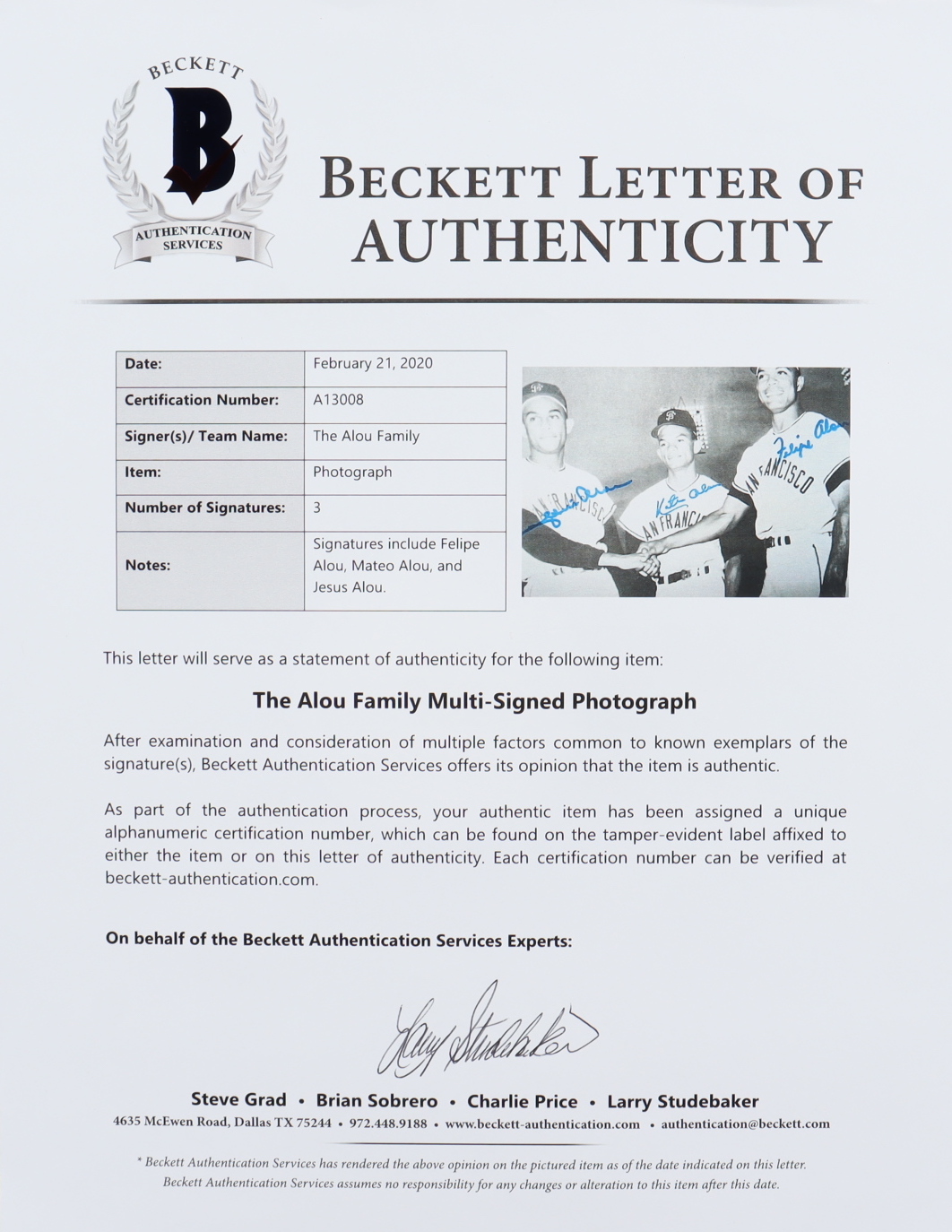 Matty Alou, Felipe Alou, & Jesus Alou Signed Giants 8x10 Photo (Beckett) at PristineAuction.com Matty Alou, Felipe Alou, & Jesus Alou Signed Giants 8x10 Photo (Beckett) at PristineAuction.com