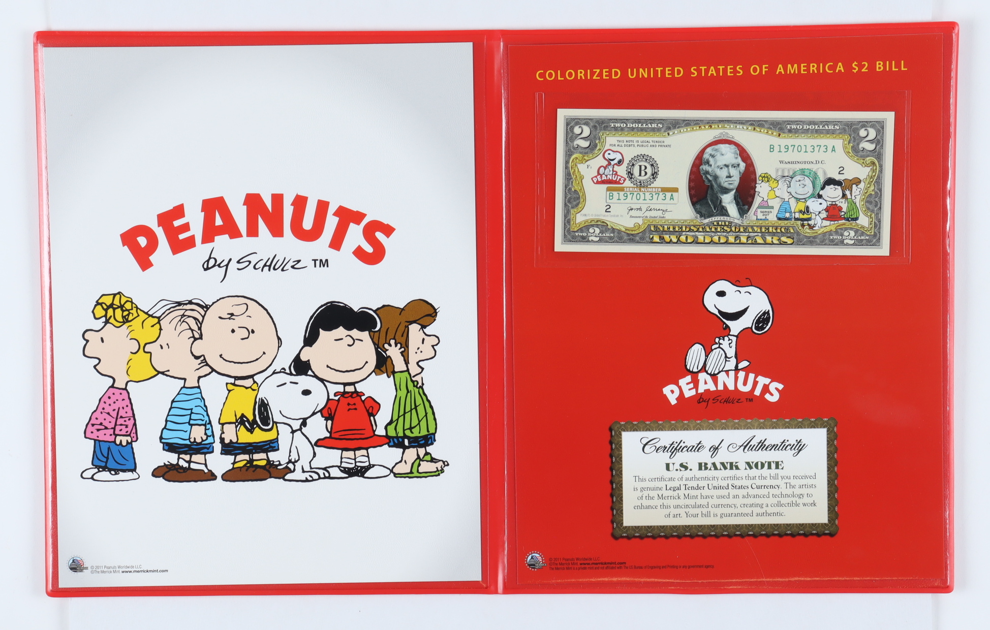 Peanuts Genuine Legal Tender U.S. $2.00 Two Dollar Bill Commemorative Edition Bank Note with Folder at PristineAuction.com Peanuts Genuine Legal Tender U.S. $2.00 Two Dollar Bill Commemorative Edition Bank Note with Folder at PristineAuction.com