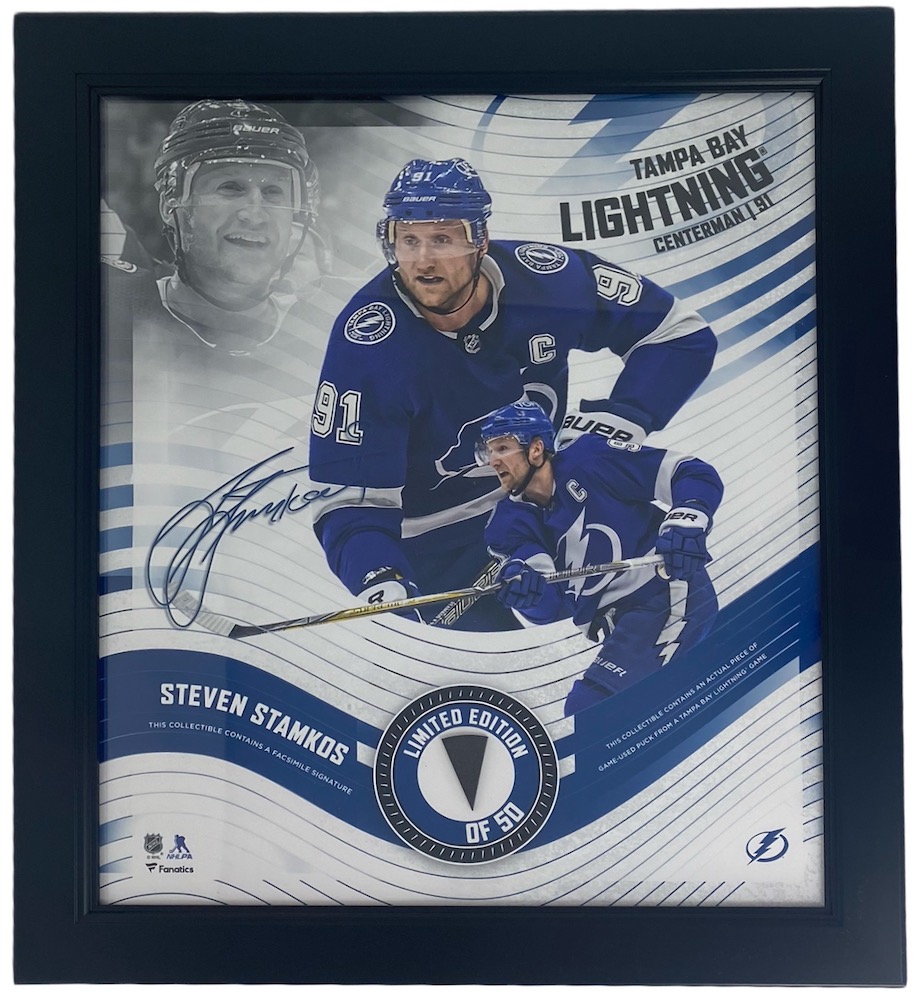 Steven Stamkos LE Lightning 15x17 Custom Framed Photo Display with Game-Used Hockey Puck Piece (Fanatics) at PristineAuction.com Steven Stamkos LE Lightning 15x17 Custom Framed Photo Display with Game-Used Hockey Puck Piece (Fanatics) at PristineAuction.com