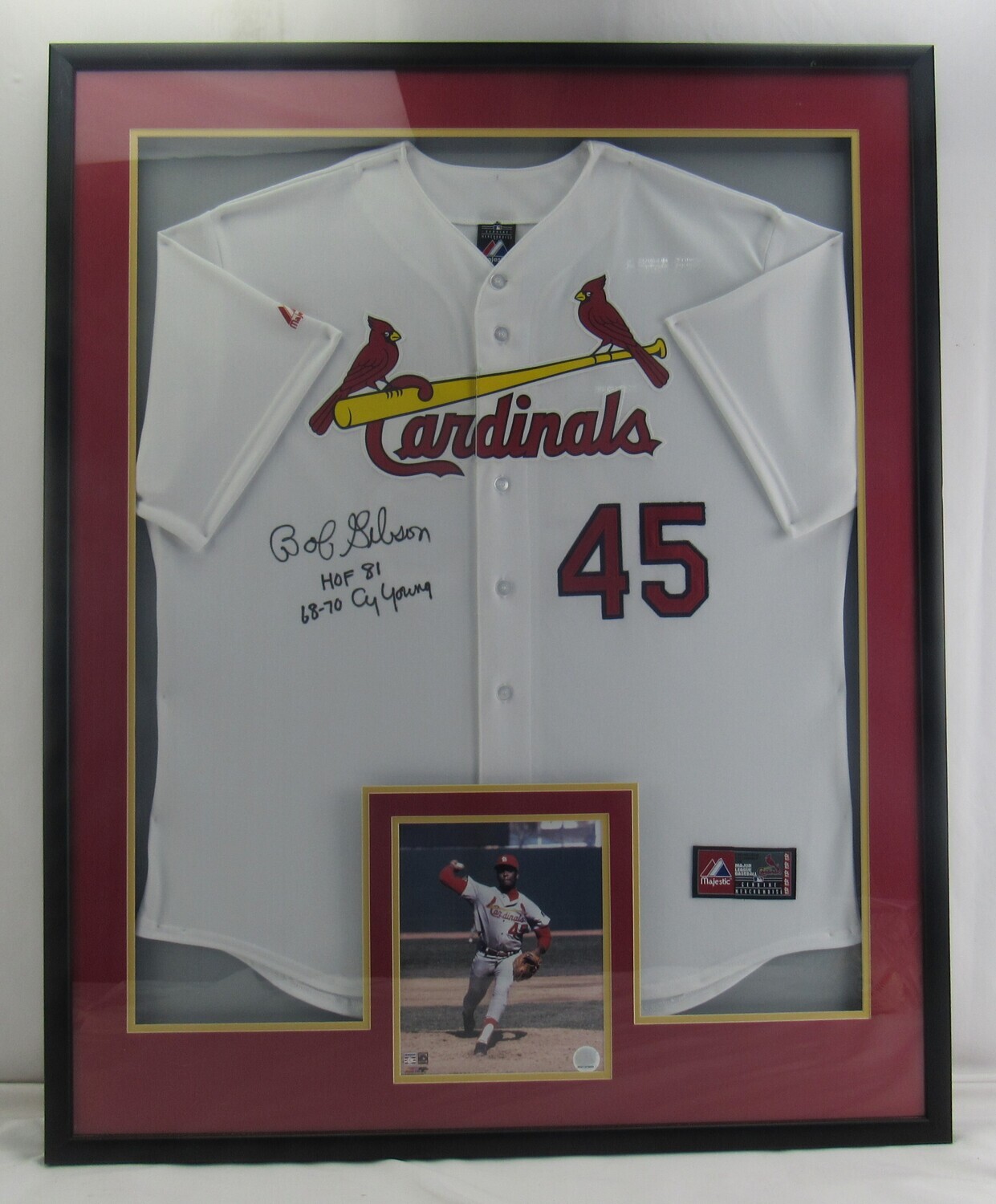 Bob Gibson Signed 33x41 Custom Framed Jersey Display Inscribed "HOF 81" & "68-70 Cy Young" (JSA) at PristineAuction.com Bob Gibson Signed 33x41 Custom Framed Jersey Display Inscribed "HOF 81" & "68-70 Cy Young" (JSA) at PristineAuction.com
