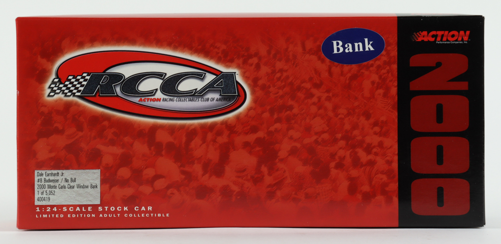 Dale Earnhardt Jr. Signed NASCAR #8 Budweiser / No Bull 2000 Monte Carlo Clear Window Bank - 1:24 Premium Action Diecast Car (Dale Jr. & PA) at PristineAuction.com Dale Earnhardt Jr. Signed NASCAR #8 Budweiser / No Bull 2000 Monte Carlo Clear Window Bank - 1:24 Premium Action Diecast Car (Dale Jr. & PA) at PristineAuction.com