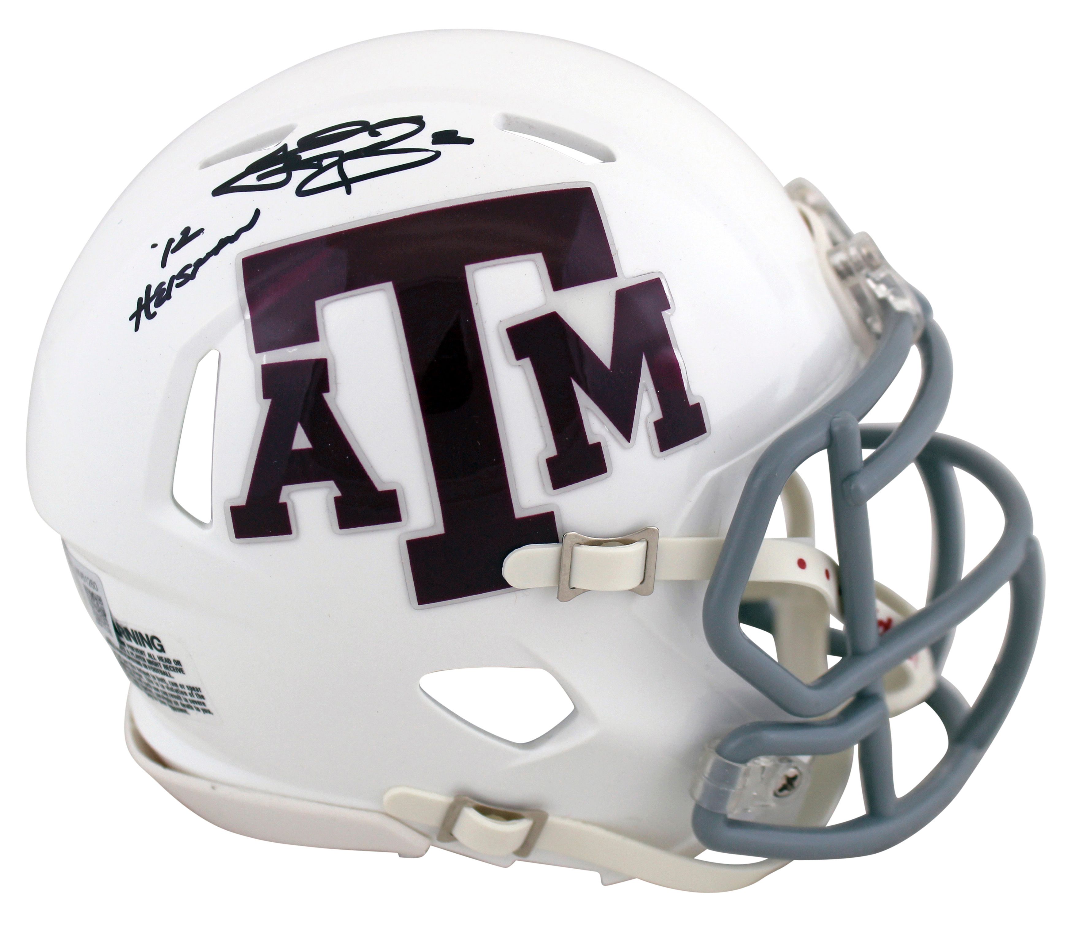 Johnny Manziel Signed Texas A&M Aggies Speed Mini Helmet Inscribed "12 Heisman" (Beckett) at PristineAuction.com Johnny Manziel Signed Texas A&M Aggies Speed Mini Helmet Inscribed "12 Heisman" (Beckett) at PristineAuction.com