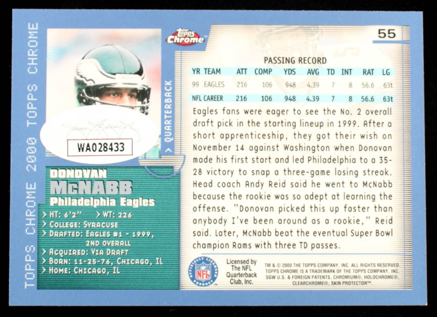 Donovan McNabb Signed 2000 Topps Chrome #55 (JSA) at PristineAuction.com Donovan McNabb Signed 2000 Topps Chrome #55 (JSA) at PristineAuction.com