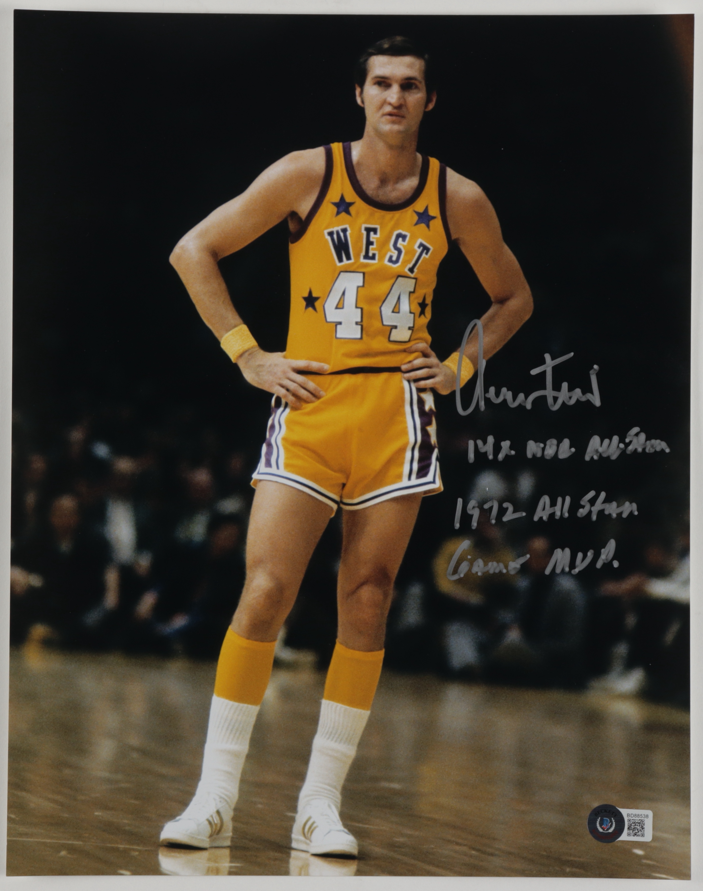 Jerry West Signed Lakers 11x14 Photo Inscribed "14x NBA All Star" & "1972 All Star Game MVP" (Beckett) at PristineAuction.com Jerry West Signed Lakers 11x14 Photo Inscribed "14x NBA All Star" & "1972 All Star Game MVP" (Beckett) at PristineAuction.com