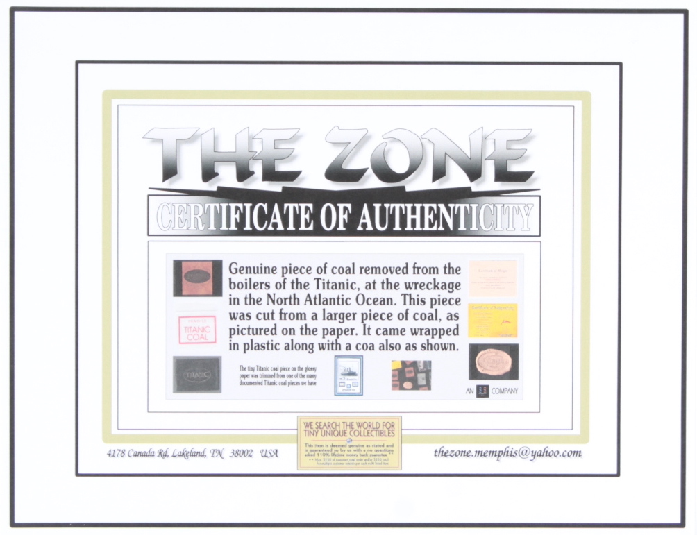 Authentic Coal From Titanic Wreckage on 6x8 Photo (The Zone) at PristineAuction.com Authentic Coal From Titanic Wreckage on 6x8 Photo (The Zone) at PristineAuction.com