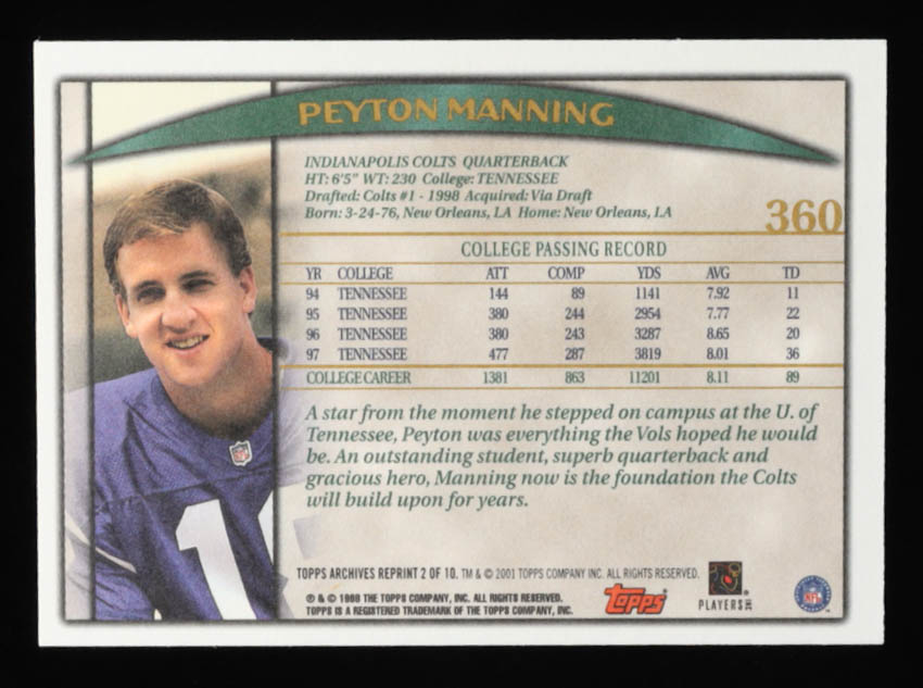 Peyton Manning 1998 Topps #360 RC at PristineAuction.com Peyton Manning 1998 Topps #360 RC at PristineAuction.com