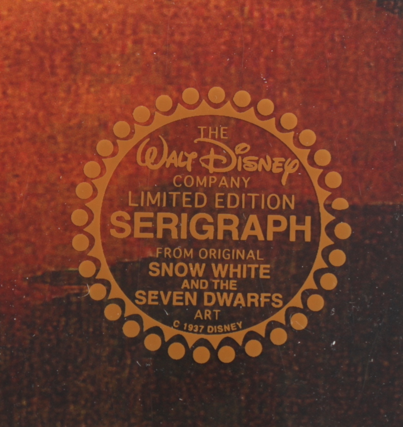 Walt Disney's "Snow White and the Seven Dwarfs" 16x18 Custom Framed (2) Piece Animation Cel with 100 Years Disney Animation Brass Pin at PristineAuction.com Walt Disney's "Snow White and the Seven Dwarfs" 16x18 Custom Framed (2) Piece Animation Cel with 100 Years Disney Animation Brass Pin at PristineAuction.com