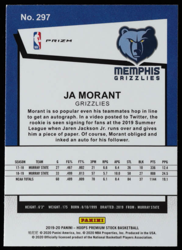 Ja Morant 2019-20 Hoops Premium Stock Prizms Silver Laser #297 RC at PristineAuction.com Ja Morant 2019-20 Hoops Premium Stock Prizms Silver Laser #297 RC at PristineAuction.com