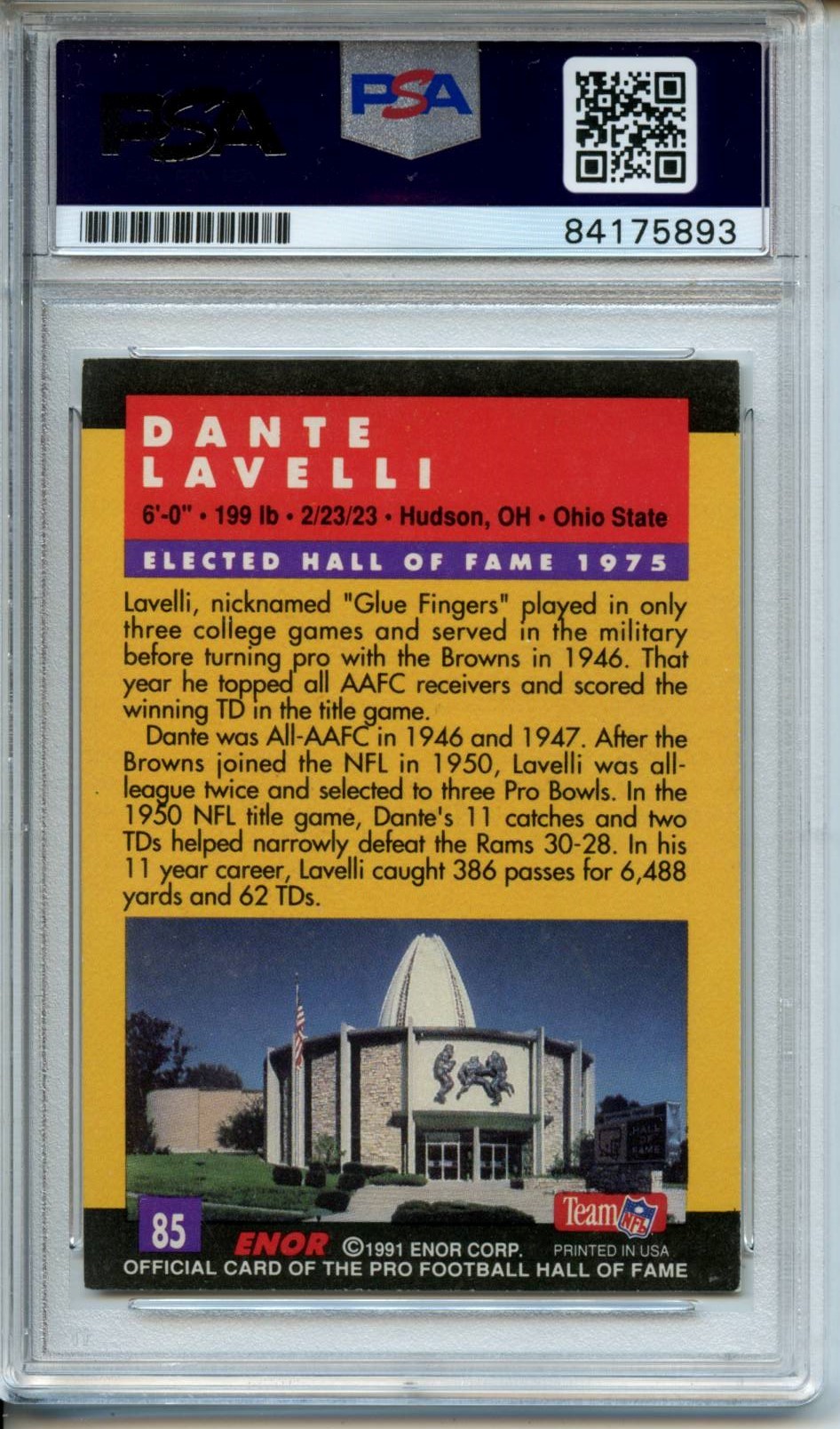 Dante "Gluefingers" Lavelli Signed 1991 ENOR Pro Football HOF #85 (PSA) at PristineAuction.com Dante "Gluefingers" Lavelli Signed 1991 ENOR Pro Football HOF #85 (PSA) at PristineAuction.com