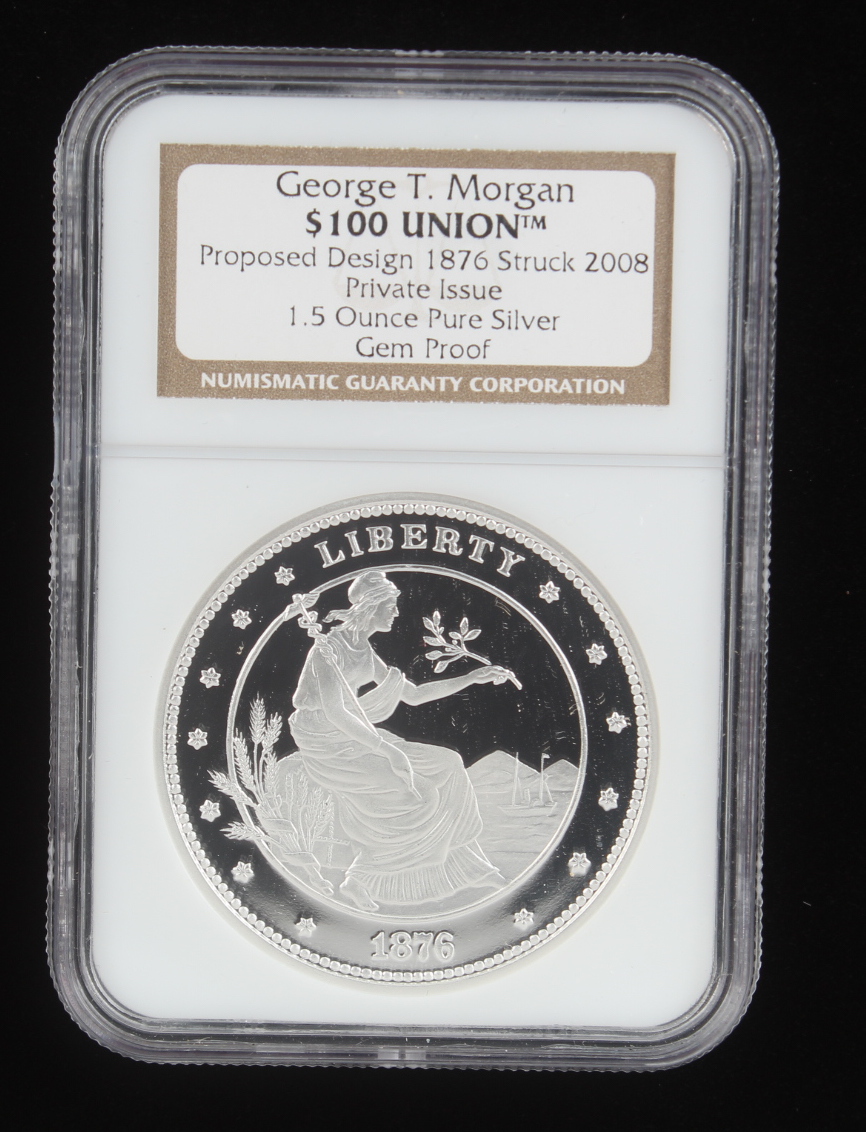 2008 Private Issue George T. Morgan Union 1876 Design $100 One Hundred Dollar Silver Coin (NGC Gem Proof) at PristineAuction.com 2008 Private Issue George T. Morgan Union 1876 Design $100 One Hundred Dollar Silver Coin (NGC Gem Proof) at PristineAuction.com