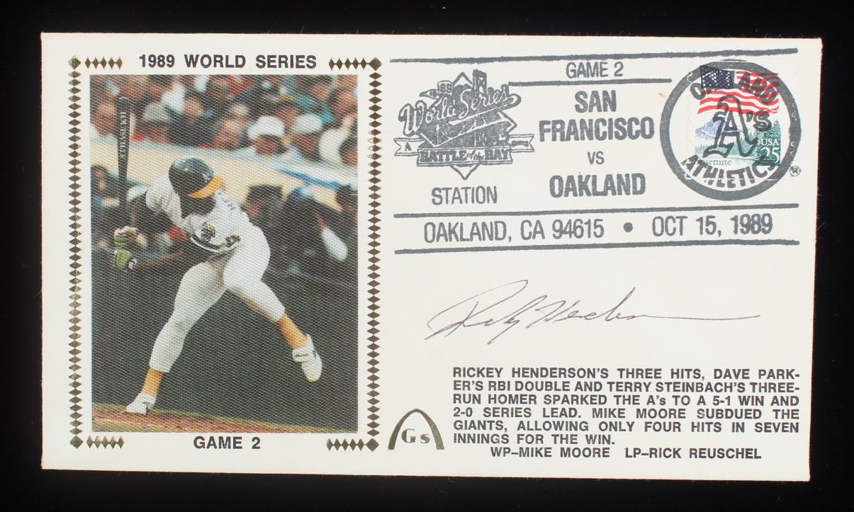Rickey Henderson Signed 1989 World Series Game 2 FDC Cachet Envelope (JSA & PSA) at PristineAuction.com Rickey Henderson Signed 1989 World Series Game 2 FDC Cachet Envelope (JSA & PSA) at PristineAuction.com