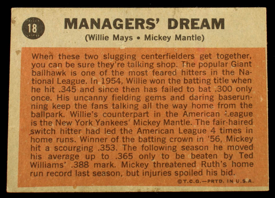 Mickey Mantle / Willie Mays 1962 Topps #18 Managers Dream at PristineAuction.com Mickey Mantle / Willie Mays 1962 Topps #18 Managers Dream at PristineAuction.com