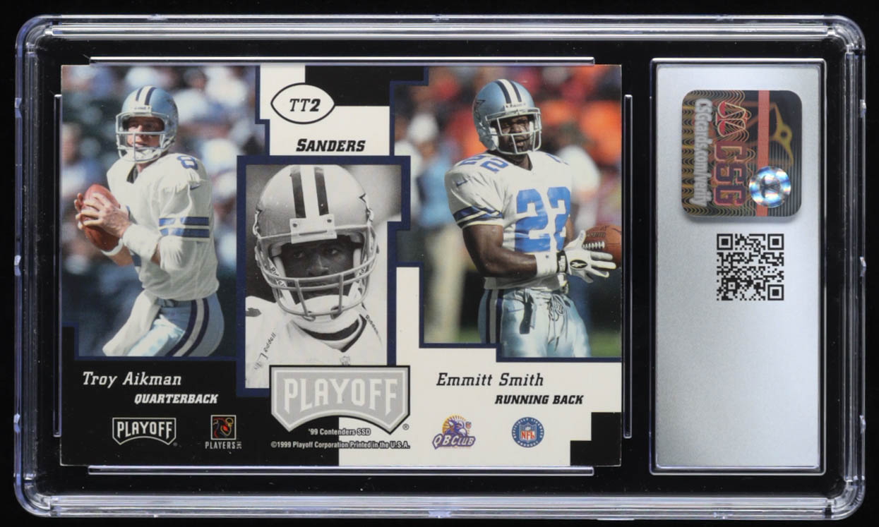 Deion Sanders / Troy Aikman / Emmitt Smith 1999 Playoff Contenders SSD Triple Threat #TT2 (CSG 8.5) at PristineAuction.com Deion Sanders / Troy Aikman / Emmitt Smith 1999 Playoff Contenders SSD Triple Threat #TT2 (CSG 8.5) at PristineAuction.com