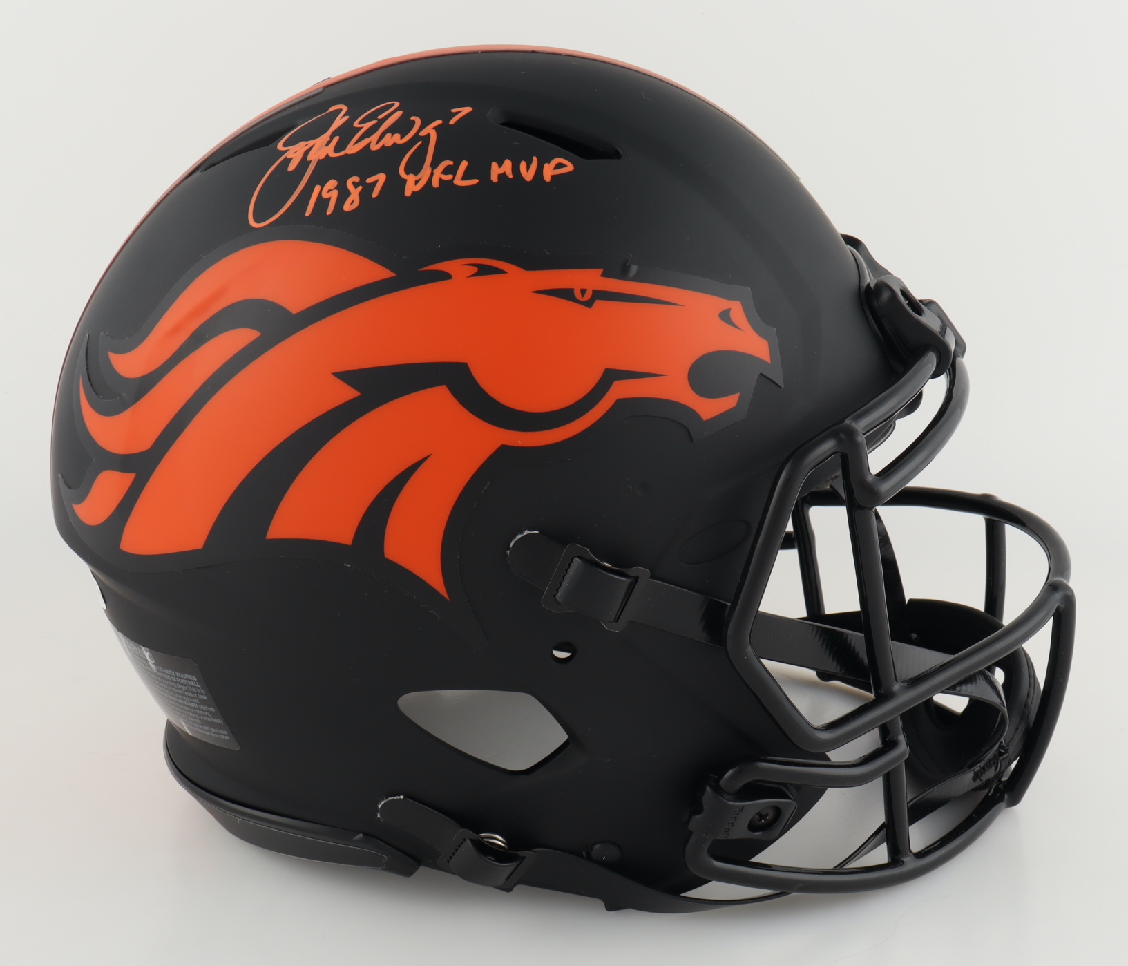 John Elway Signed Broncos Full-Size Authentic On-Field Eclipse Alternate Speed Helmet Inscribed "1987 NFL MVP" (Beckett) at PristineAuction.com John Elway Signed Broncos Full-Size Authentic On-Field Eclipse Alternate Speed Helmet Inscribed "1987 NFL MVP" (Beckett) at PristineAuction.com