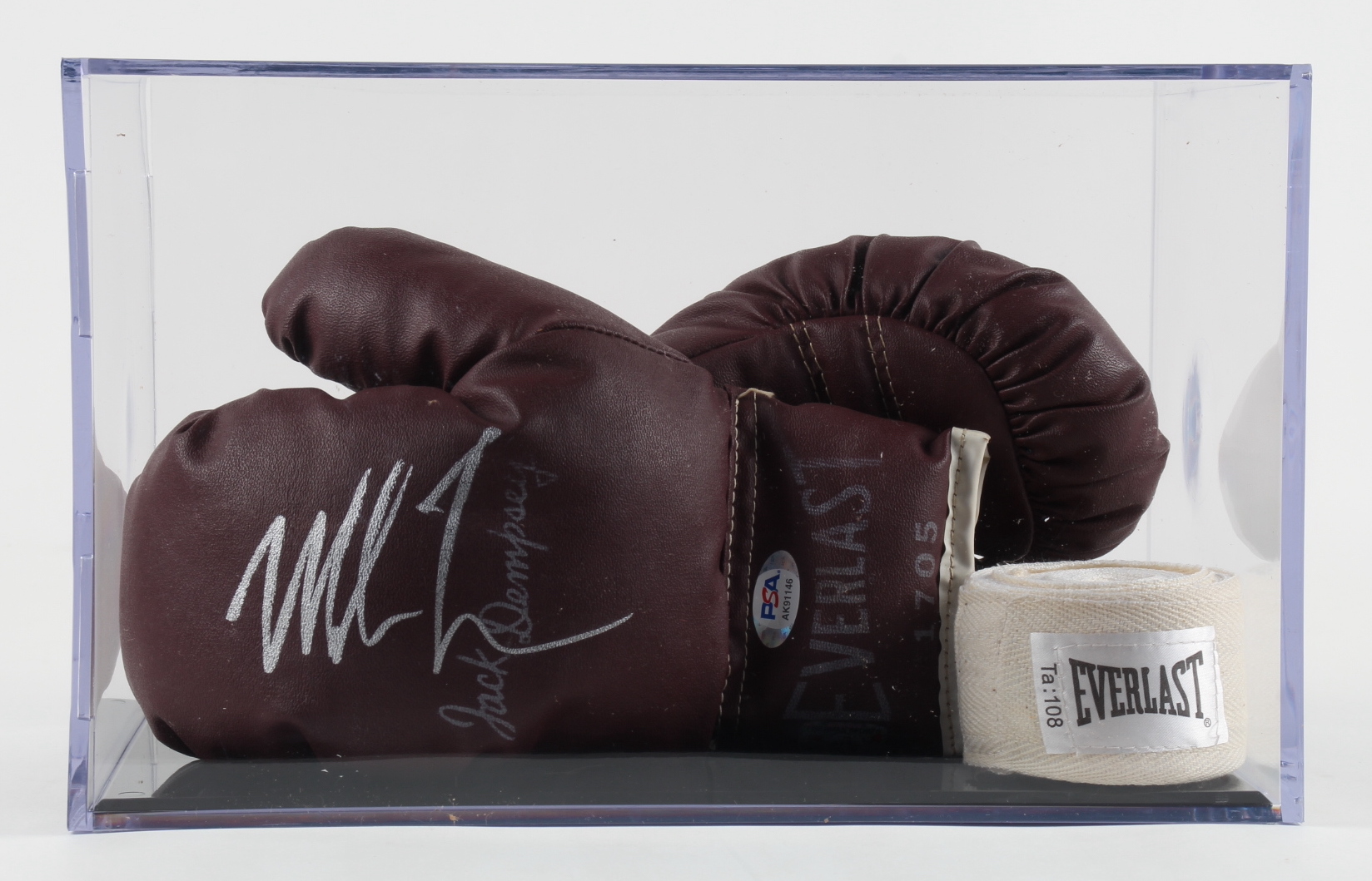 Mike Tyson Signed Vintage Pair of Everlast Jack Dempsey Boxing Gloves with Everlast Boxing Tape & Display Case (PSA) at PristineAuction.com Mike Tyson Signed Vintage Pair of Everlast Jack Dempsey Boxing Gloves with Everlast Boxing Tape & Display Case (PSA) at PristineAuction.com