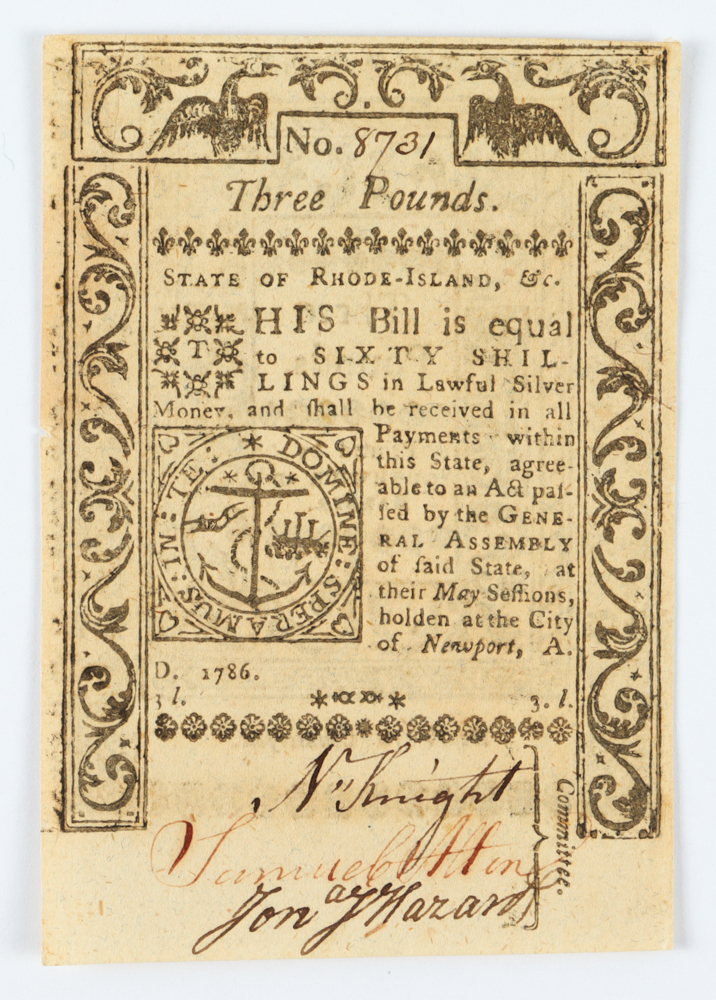 1786 Three Pounds - Rhode-Island - Colonial Currency Note at PristineAuction.com 1786 Three Pounds - Rhode-Island - Colonial Currency Note at PristineAuction.com