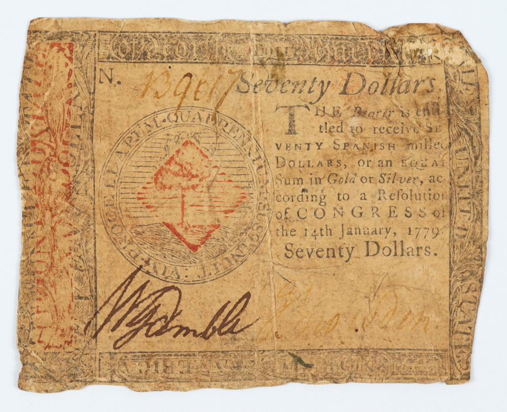 1779 $70 Seventy Dollars - Spanish Milled - United States Currency Note at PristineAuction.com 1779 $70 Seventy Dollars - Spanish Milled - United States Currency Note at PristineAuction.com