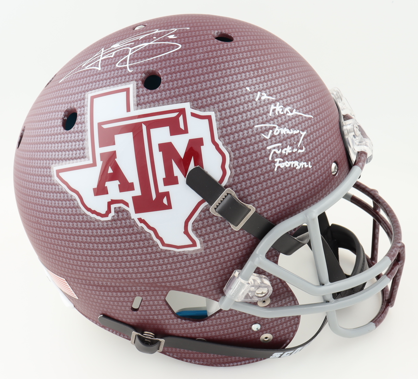 Johnny Manziel Signed Texas A&M Aggies Full-Size Authentic On-Field Hydro-Dipped Helmet Inscribed "12 Heisman" & "Johnny F***** Football" (Beckett) at PristineAuction.com Johnny Manziel Signed Texas A&M Aggies Full-Size Authentic On-Field Hydro-Dipped Helmet Inscribed "12 Heisman" & "Johnny F***** Football" (Beckett) at PristineAuction.com
