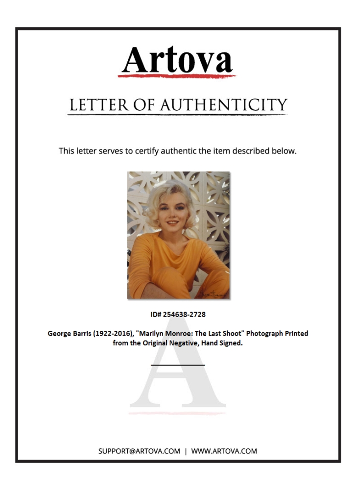 "Marilyn Monroe: The Last Shoot" 10x8 Photograph Printed from the Original Negative by George Barris (Artova) at PristineAuction.com "Marilyn Monroe: The Last Shoot" 10x8 Photograph Printed from the Original Negative by George Barris (Artova) at PristineAuction.com