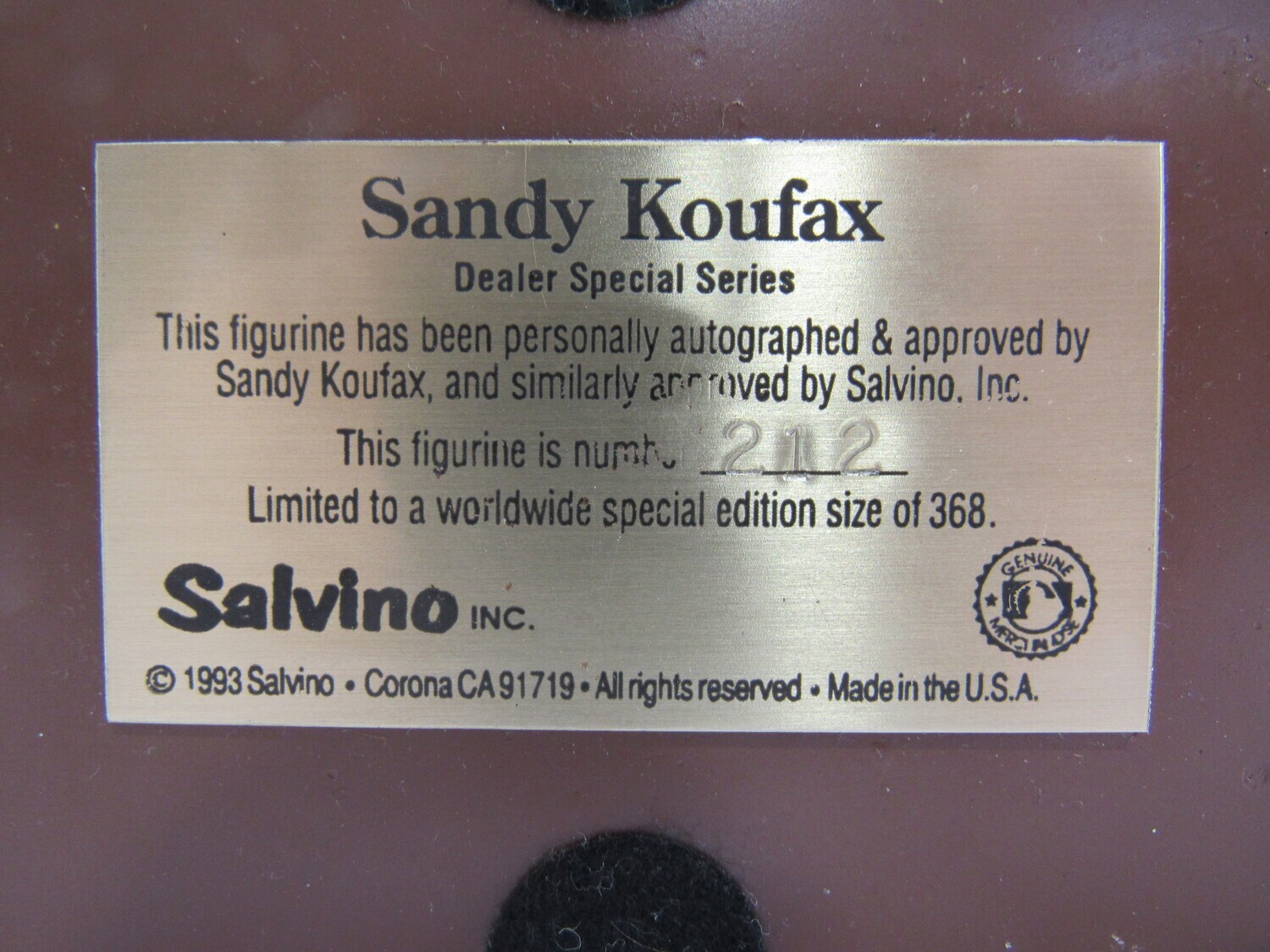 Sandy Koufax Signed LE 1993 Salvino Dealer Special Series Figurine (Salvino) at PristineAuction.com Sandy Koufax Signed LE 1993 Salvino Dealer Special Series Figurine (Salvino) at PristineAuction.com