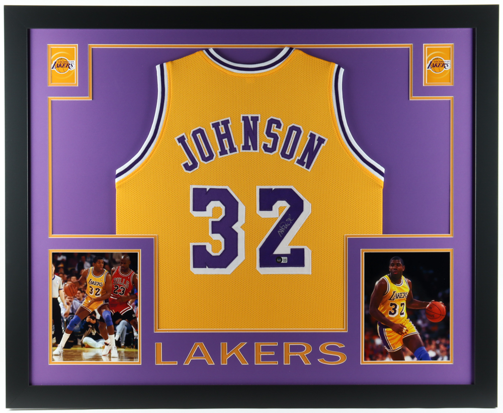 Magic Johnson Signed 35.5x43.5 Custom Framed Jersey Display (Beckett) at PristineAuction.com Magic Johnson Signed 35.5x43.5 Custom Framed Jersey Display (Beckett) at PristineAuction.com