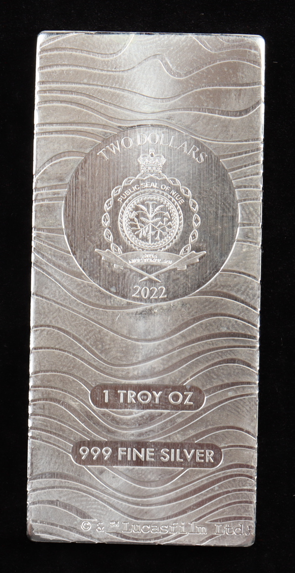 2022 Niue $2 Star Wars: The Mandalorian 1 Troy Oz .999 Fine Silver Beskar Bar at PristineAuction.com 2022 Niue $2 Star Wars: The Mandalorian 1 Troy Oz .999 Fine Silver Beskar Bar at PristineAuction.com