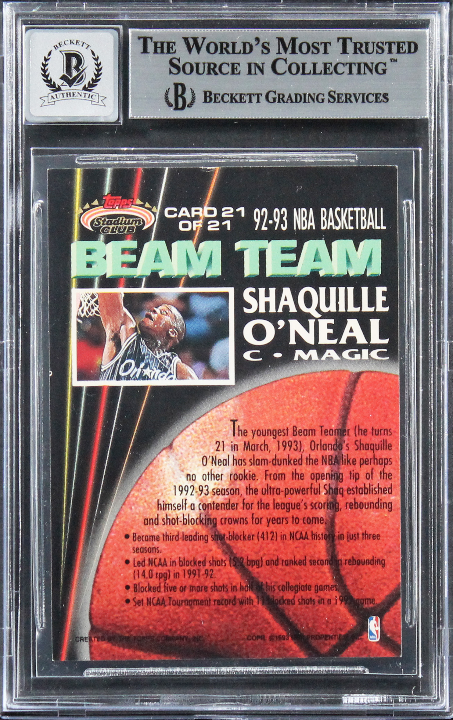 Shaquille O'Neal Signed 1992-93 Stadium Club Beam Team #21 RC (BGS) at PristineAuction.com Shaquille O'Neal Signed 1992-93 Stadium Club Beam Team #21 RC (BGS) at PristineAuction.com