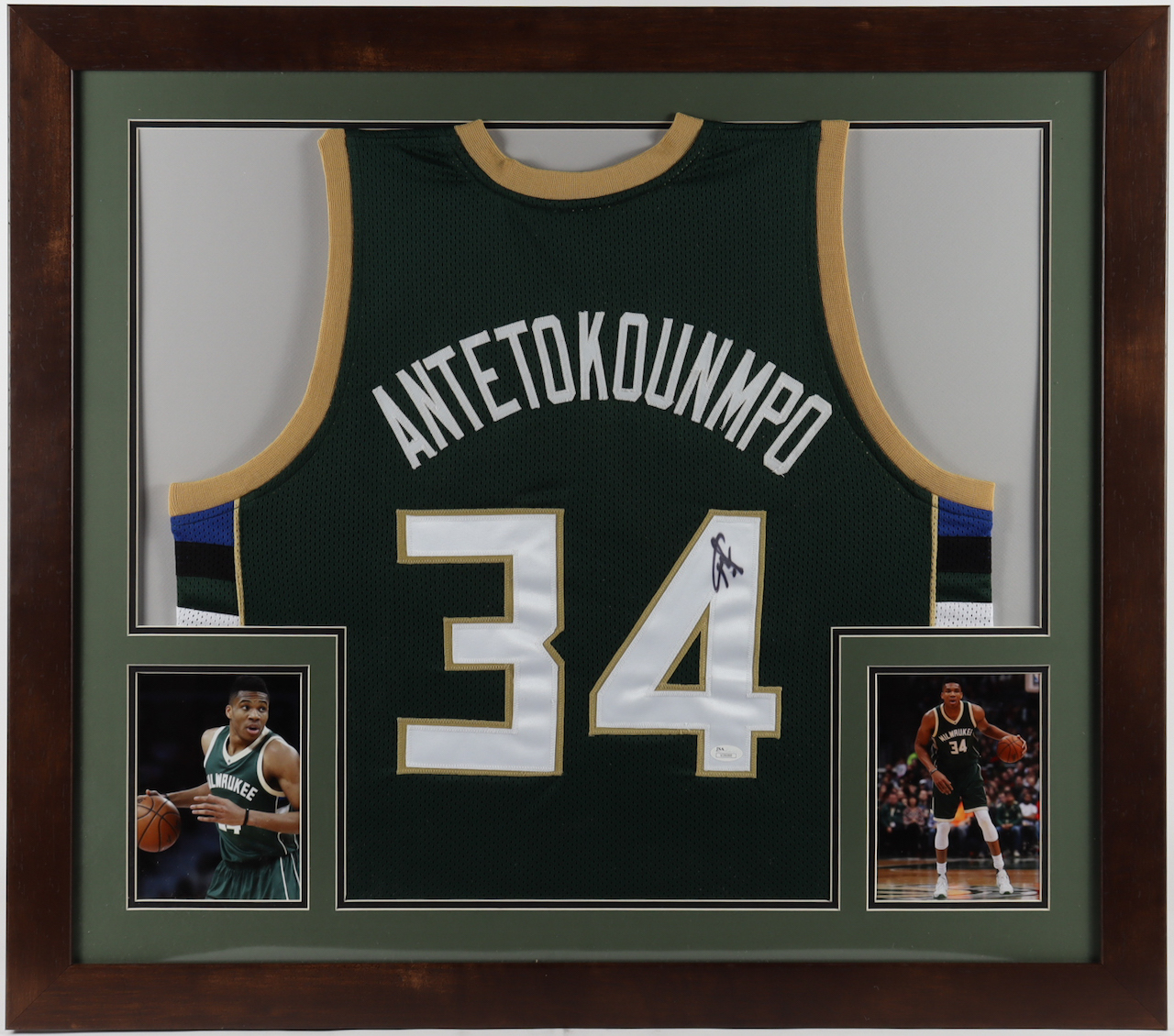 Giannis Antetokounmpo Signed 32x36 Custom Framed Jersey Display (JSA) at PristineAuction.com Giannis Antetokounmpo Signed 32x36 Custom Framed Jersey Display (JSA) at PristineAuction.com