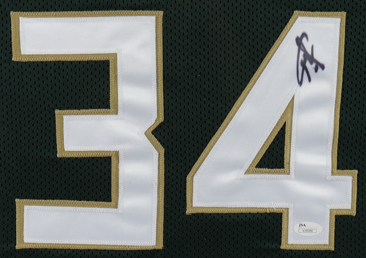 Giannis Antetokounmpo Signed 32x36 Custom Framed Jersey Display (JSA) at PristineAuction.com Giannis Antetokounmpo Signed 32x36 Custom Framed Jersey Display (JSA) at PristineAuction.com