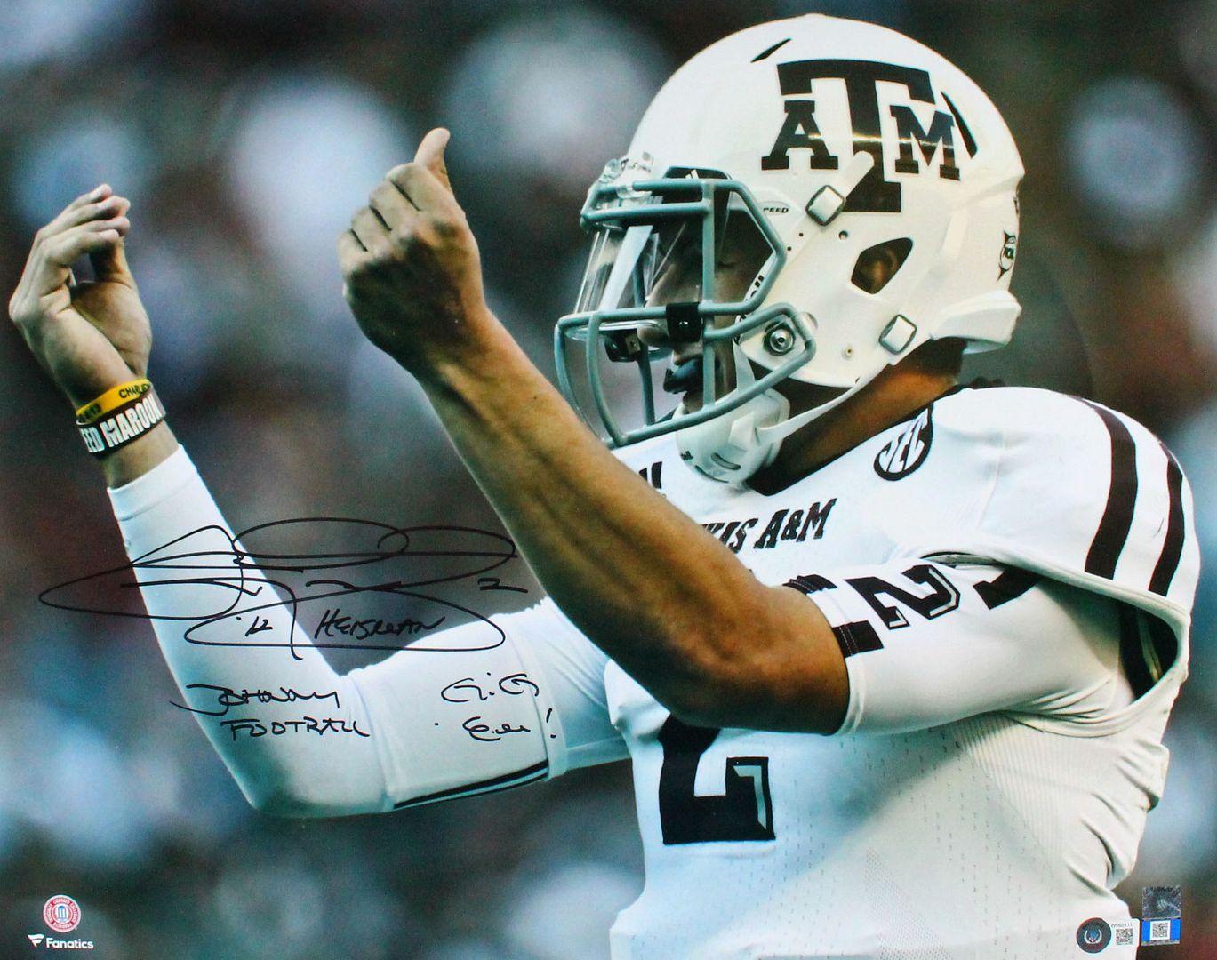 Johnny Manziel Signed Texas A&M Aggies 16x20 Photo Inscribed "Gig Em!", "12 Heisman" & "Johnny Football" (Beckett) at PristineAuction.com Johnny Manziel Signed Texas A&M Aggies 16x20 Photo Inscribed "Gig Em!", "12 Heisman" & "Johnny Football" (Beckett) at PristineAuction.com