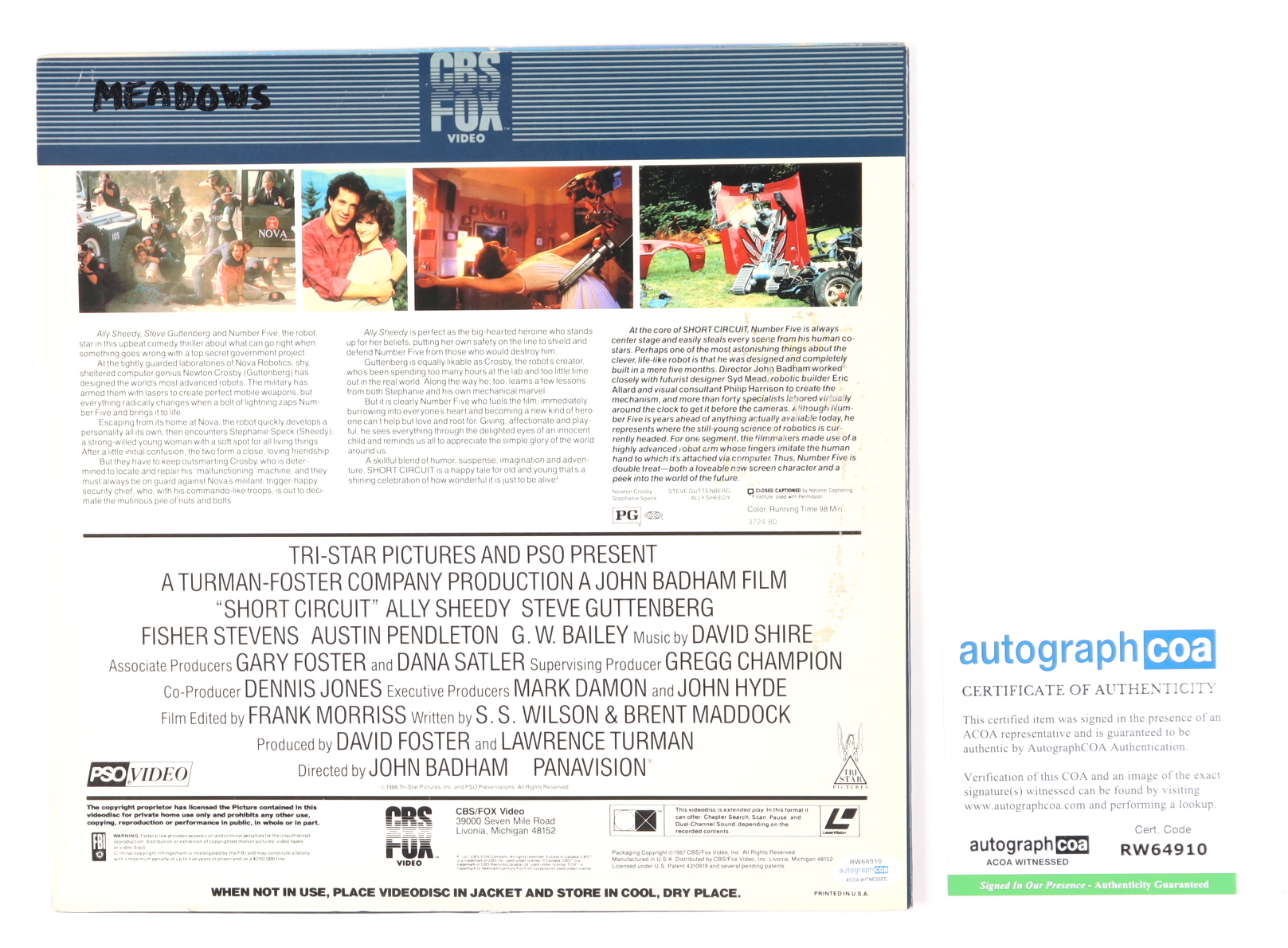 Tim Blaney Signed "Short Circuit" LaserDisc Inscribed "No. 5" (AutographCOA) at PristineAuction.com Tim Blaney Signed "Short Circuit" LaserDisc Inscribed "No. 5" (AutographCOA) at PristineAuction.com