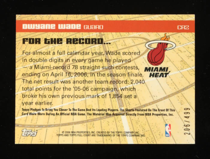 Dwyane Wade 2006-07 Topps Full Court Court Records Relics #CR2 #206/499 at PristineAuction.com Dwyane Wade 2006-07 Topps Full Court Court Records Relics #CR2 #206/499 at PristineAuction.com
