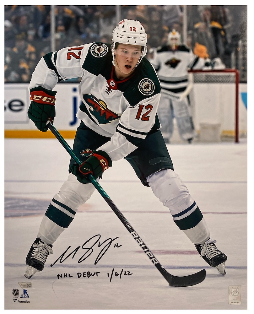 Matthew Boldy Signed Wild 16x20 Photo Inscribed "NHL DEBUT 1/6/22" (Fanatics) at PristineAuction.com Matthew Boldy Signed Wild 16x20 Photo Inscribed "NHL DEBUT 1/6/22" (Fanatics) at PristineAuction.com