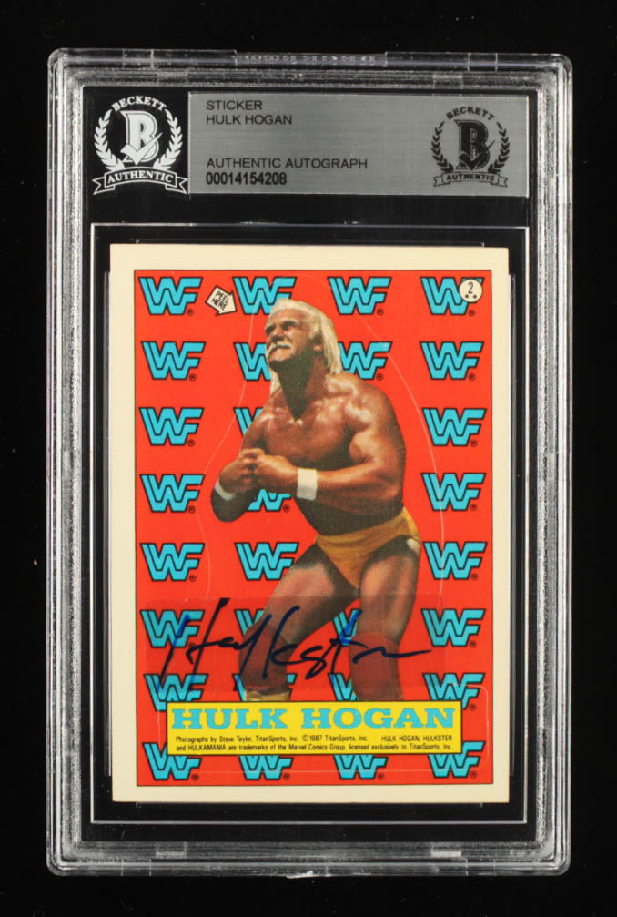 Hulk Hogan Signed Sticker on 1987 Topps WWF Stickers #2 (BGS) at PristineAuction.com Hulk Hogan Signed Sticker on 1987 Topps WWF Stickers #2 (BGS) at PristineAuction.com