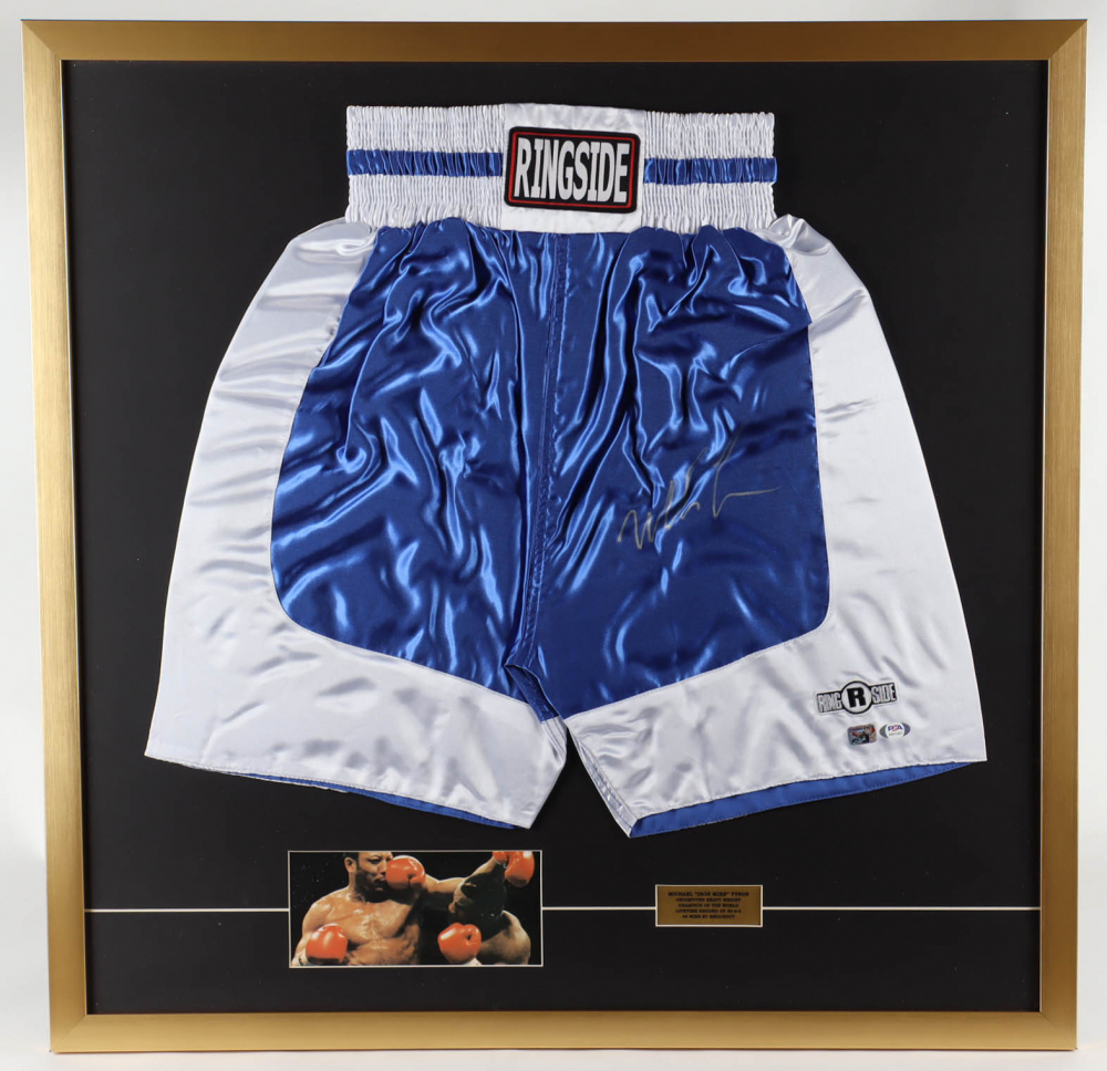 Mike Tyson Signed 32x33 Custom Framed Boxing Shorts Display PSA mike-tyson-signed-32x33-custom-framed-boxing-shorts-display-psa
