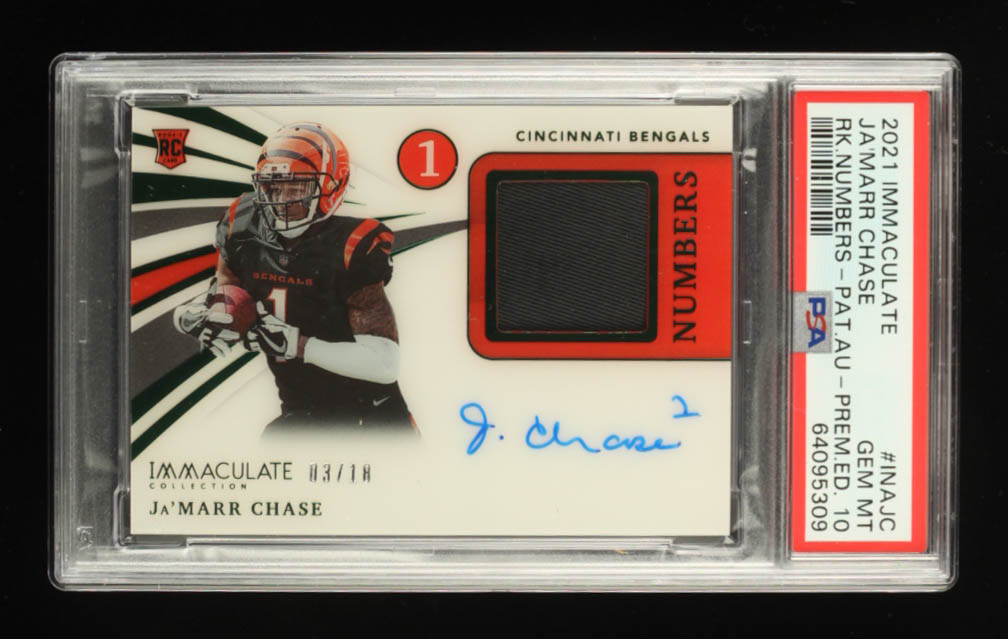 Ja'Marr Chase 2021 Immaculate Collection Immaculate Numbers Rookie Patch Autographs Premium Edition #12 #3/18 RC (PSA 10) at PristineAuction.com Ja'Marr Chase 2021 Immaculate Collection Immaculate Numbers Rookie Patch Autographs Premium Edition #12 #3/18 RC (PSA 10) at PristineAuction.com
