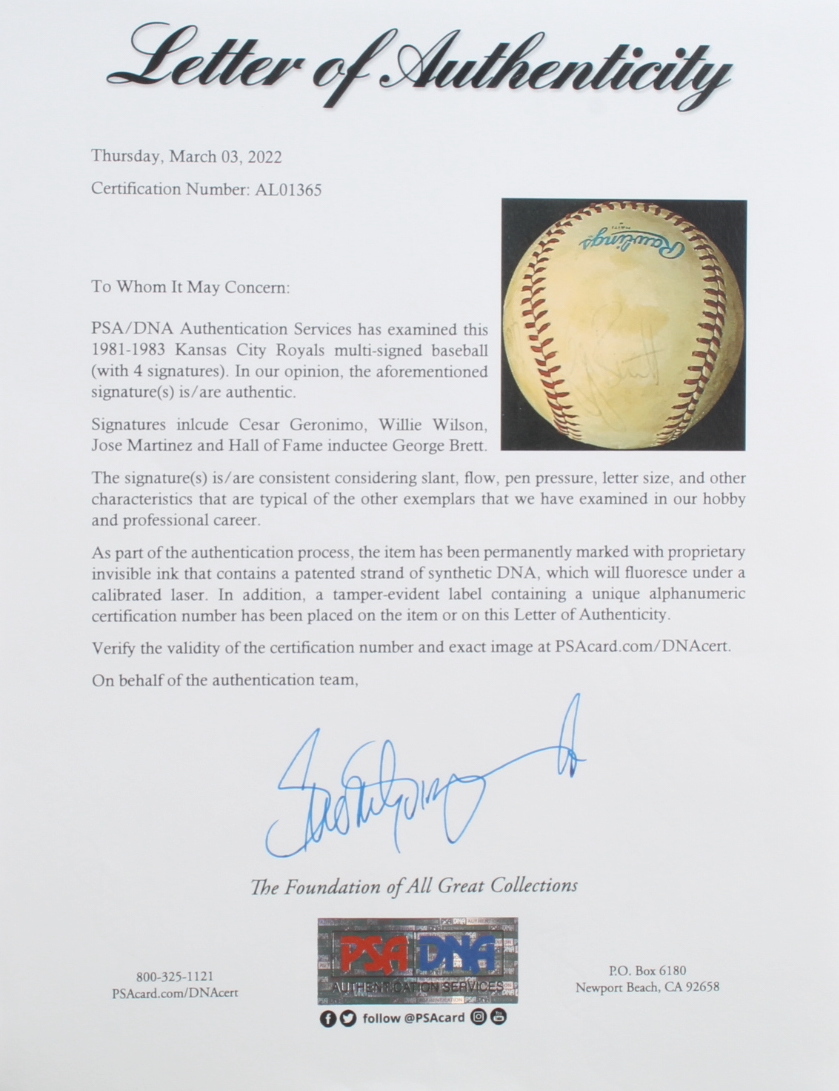 1981-83 Royals OAL Baseball Team-Signed by (4) with George Brett, Cesar Geronimo, Willie Wilson and Jose Martinez (PSA) at PristineAuction.com 1981-83 Royals OAL Baseball Team-Signed by (4) with George Brett, Cesar Geronimo, Willie Wilson and Jose Martinez (PSA) at PristineAuction.com