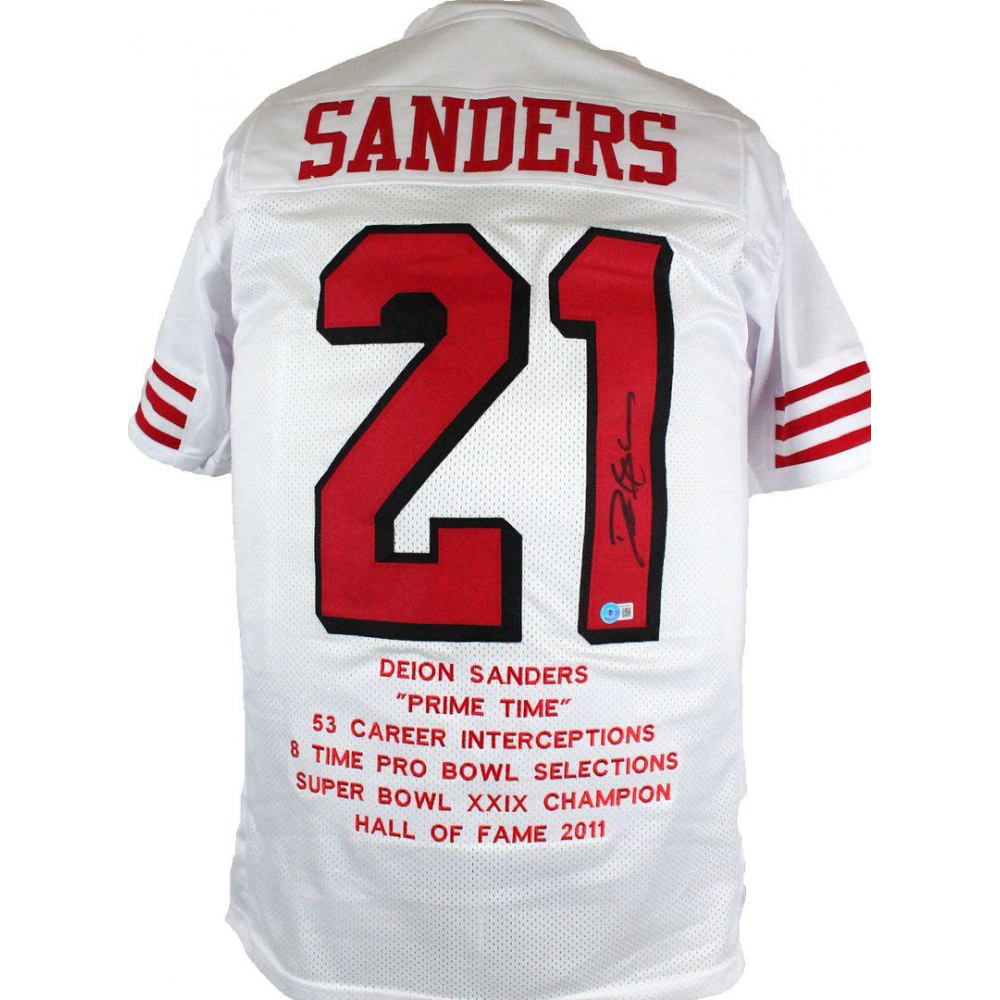Deion Sanders Signed Career Highlight Stat Jersey (Beckett) Pristine Auction